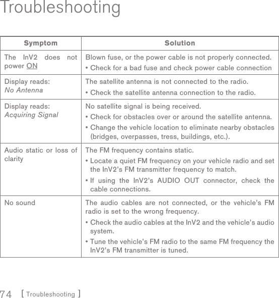 [ Troubleshooting ]74TroubleshootingSymptom SolutionThe InV2 does not power ONBlown fuse, or the power cable is not properly connected.• Check for a bad fuse and check power cable connectionDisplay reads: No AntennaThe satellite antenna is not connected to the radio. • Check the satellite antenna connection to the radio.Display reads: Acquiring SignalNo satellite signal is being received. • Check for obstacles over or around the satellite antenna. •  Change the vehicle location to eliminate nearby obstacles (bridges, overpasses, tress, buildings, etc.).Audio static or loss of clarityThe FM frequency contains static.•  Locate a quiet FM frequency on your vehicle radio and set the InV2’s FM transmitter frequency to match.•  If using the InV2’s AUDIO OUT connector, check the cable connections.No sound The audio cables are not connected, or the vehicle’s FM radio is set to the wrong frequency. •  Check the audio cables at the InV2 and the vehicle’s audio system. •  Tune the vehicle’s FM radio to the same FM frequency the InV2’s FM transmitter is tuned. 