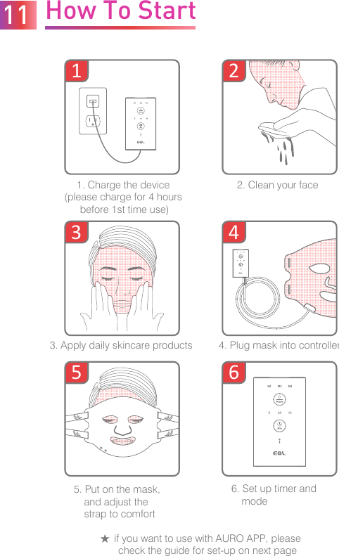 How To Start2314565. Put on the mask,     and adjust the     strap to comfort6. Set up timer and     mode1. Charge the device (please charge for 4 hours before 1st time use)3. Apply daily skincare products 4. Plug mask into controller2. Clean your face11if you want to use with AURO APP, pleasecheck the guide for set-up on next page