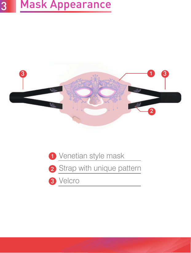 Mask Appearance31233123Venetian style maskStrap with unique patternVelcro