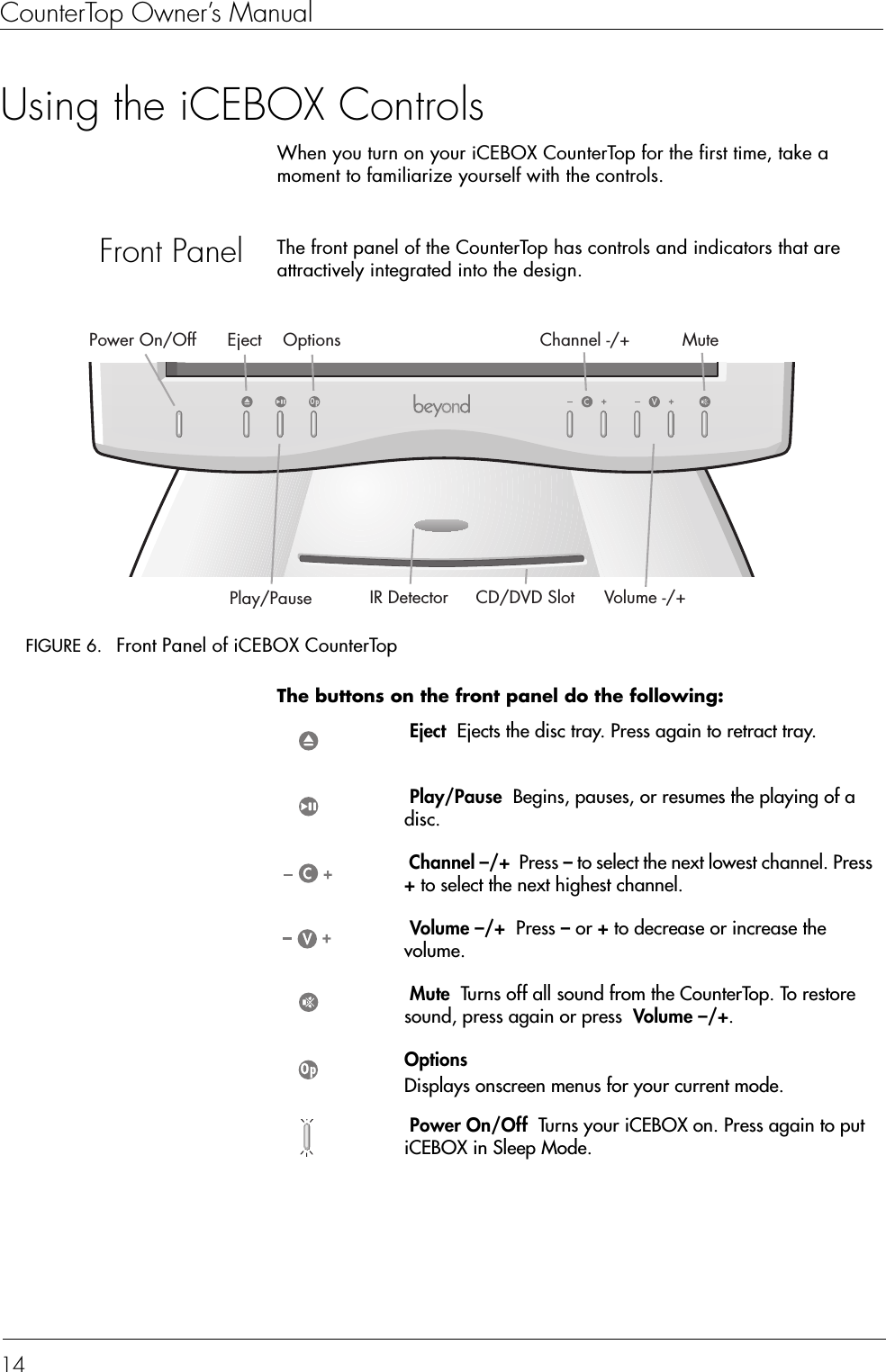 CounterTop Owner’s Manual14Using the iCEBOX ControlsWhen you turn on your iCEBOX CounterTop for the first time, take a moment to familiarize yourself with the controls.Front Panel The front panel of the CounterTop has controls and indicators that are attractively integrated into the design. FIGURE 6.  Front Panel of iCEBOX CounterTopThe buttons on the front panel do the following:  EjectPlay/PauseChannel -/+Volume -/+MutePower On/OffCD/DVD SlotIR DetectorOptions Eject  Ejects the disc tray. Press again to retract tray. Play/Pause  Begins, pauses, or resumes the playing of a disc. Channel –/+  Press – to select the next lowest channel. Press + to select the next highest channel. Volume –/+  Press – or + to decrease or increase the volume. Mute  Turns off all sound from the CounterTop. To restore sound, press again or press  Volume –/+. Options  Displays onscreen menus for your current mode. Power On/Off  Turns your iCEBOX on. Press again to put iCEBOX in Sleep Mode.