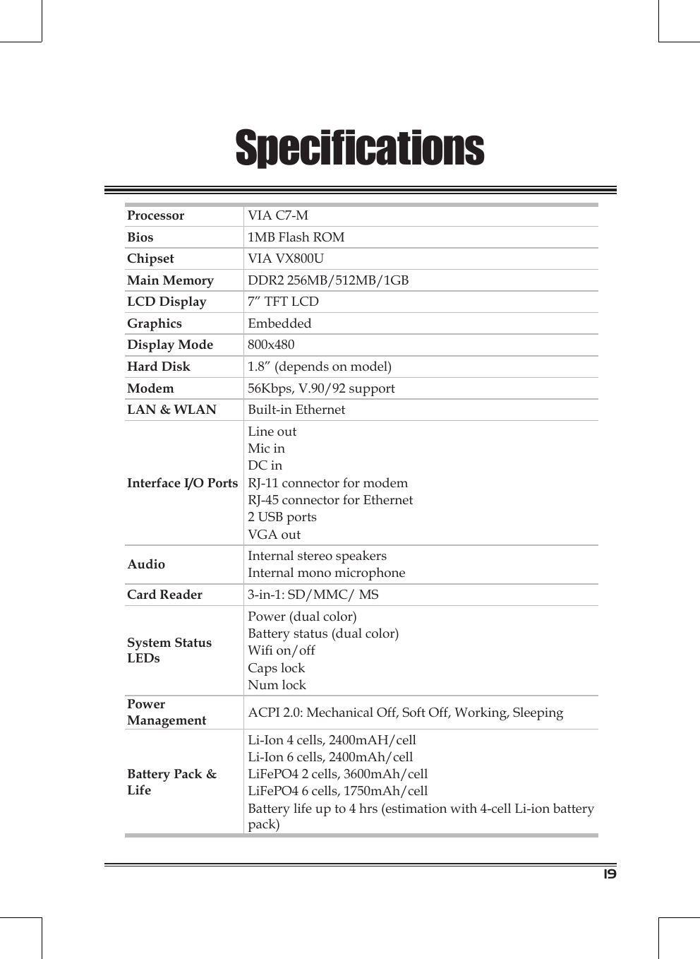 19SpecificationsProcessor VIA C7-MBios 1MB Flash ROMChipset VIA VX800UMain Memory DDR2 256MB/512MB/1GBLCD Display 7” TFT LCDGraphics EmbeddedDisplay Mode 800x480Hard Disk  1.8” (depends on model)Modem 56Kbps, V.90/92 supportLAN &amp; WLAN Built-in EthernetInterface I/O PortsLine outMic inDC inRJ-11 connector for modemRJ-45 connector for Ethernet2 USB portsVGA outAudio Internal stereo speakersInternal mono microphoneCard Reader 3-in-1: SD/MMC/ MSSystem Status LEDsPower (dual color)Battery status (dual color)Wi on/offCaps lockNum lockPower                      Management ACPI 2.0: Mechanical Off, Soft Off, Working, SleepingBattery Pack &amp; LifeLi-Ion 4 cells, 2400mAH/cellLi-Ion 6 cells, 2400mAh/cellLiFePO4 2 cells, 3600mAh/cellLiFePO4 6 cells, 1750mAh/cellBattery life up to 4 hrs (estimation with 4-cell Li-ion battery pack)