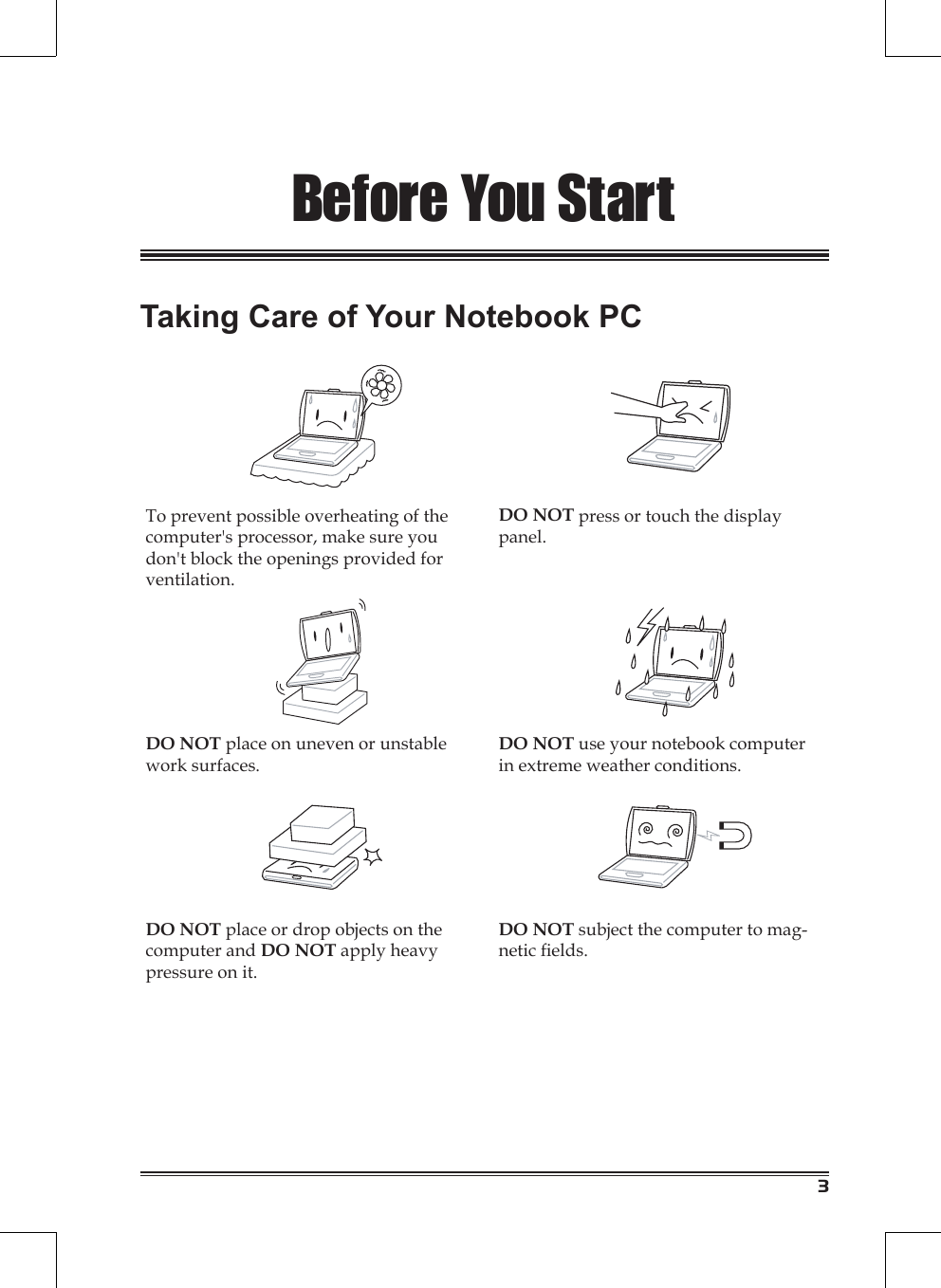 3Before You StartTaking Care of Your Notebook PCTo prevent possible overheating of the computer&apos;s processor, make sure you don&apos;t block the openings provided for ventilation.DO NOT press or touch the display panel.DO NOT place on uneven or unstable work surfaces.DO NOT use your notebook computer in extreme weather conditions.DO NOT place or drop objects on the computer and DO NOT apply heavy pressure on it.DO NOT subject the computer to mag-netic elds.
