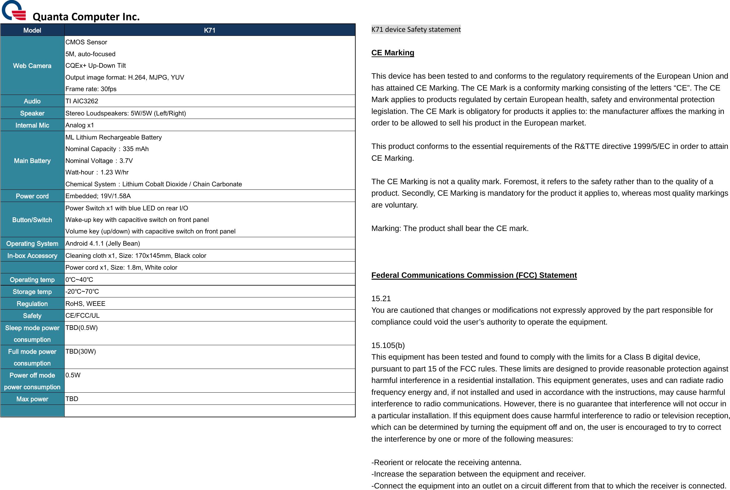  Quanta Computer Inc. Model K71 Web Camera   CMOS Sensor 5M, auto-focused CQEx+ Up-Down Tilt Output image format: H.264, MJPG, YUV Frame rate: 30fps Audio TI AIC3262 Speaker   Stereo Loudspeakers: 5W/5W (Left/Right) Internal Mic   Analog x1 Main Battery ML Lithium Rechargeable Battery Nominal Capacity：335 mAh Nominal Voltage：3.7V Watt-hour：1.23 W/hr Chemical System：Lithium Cobalt Dioxide / Chain Carbonate Power cord Embedded; 19V/1.58A Button/Switch   Power Switch x1 with blue LED on rear I/O Wake-up key with capacitive switch on front panel Volume key (up/down) with capacitive switch on front panel Operating System   Android 4.1.1 (Jelly Bean) In-box Accessory Cleaning cloth x1, Size: 170x145mm, Black color    Power cord x1, Size: 1.8m, White color Operating temp 0℃~40℃ Storage temp -20℃~70℃ Regulation RoHS, WEEE Safety CE/FCC/UL Sleep mode power consumption TBD(0.5W) Full mode power consumption TBD(30W)         Power off mode power consumption 0.5W Max power TBD                     K71 device Safety statement  CE Marking  This device has been tested to and conforms to the regulatory requirements of the European Union and has attained CE Marking. The CE Mark is a conformity marking consisting of the letters “CE”. The CE Mark applies to products regulated by certain European health, safety and environmental protection legislation. The CE Mark is obligatory for products it applies to: the manufacturer affixes the marking in order to be allowed to sell his product in the European market.  This product conforms to the essential requirements of the R&amp;TTE directive 1999/5/EC in order to attain CE Marking.    The CE Marking is not a quality mark. Foremost, it refers to the safety rather than to the quality of a product. Secondly, CE Marking is mandatory for the product it applies to, whereas most quality markings are voluntary.  Marking: The product shall bear the CE mark.    Federal Communications Commission (FCC) Statement  15.21 You are cautioned that changes or modifications not expressly approved by the part responsible for compliance could void the user’s authority to operate the equipment.  15.105(b) This equipment has been tested and found to comply with the limits for a Class B digital device, pursuant to part 15 of the FCC rules. These limits are designed to provide reasonable protection against harmful interference in a residential installation. This equipment generates, uses and can radiate radio frequency energy and, if not installed and used in accordance with the instructions, may cause harmful interference to radio communications. However, there is no guarantee that interference will not occur in a particular installation. If this equipment does cause harmful interference to radio or television reception, which can be determined by turning the equipment off and on, the user is encouraged to try to correct the interference by one or more of the following measures:  -Reorient or relocate the receiving antenna. -Increase the separation between the equipment and receiver. -Connect the equipment into an outlet on a circuit different from that to which the receiver is connected. 