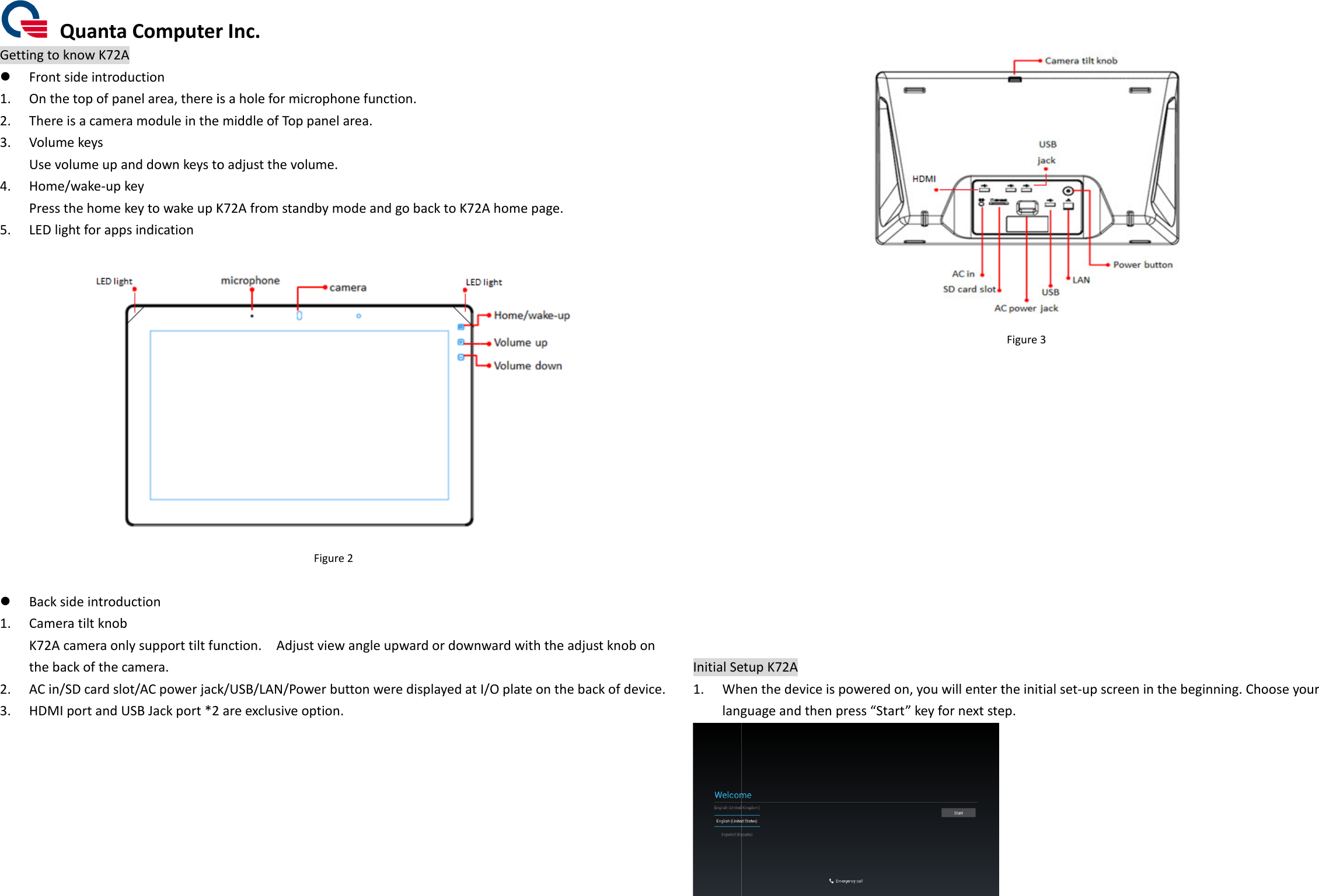  Quanta Computer Inc.Getting to know K72A  Front side introduction 1. On the top of panel area, there is a hole2. There is a camera module in the middle of Top panel area. 3. Volume keys Use volume up and down keys to adjust the volume.4. Home/wake-up key Press the home key to wake up K72A5. LED light for apps indication    Back side introduction 1. Camera tilt knob K72A camera only support tilt functionthe back of the camera. 2. AC in/SD card slot/AC power jack/USB/LAN/Power button 3. HDMI port and USB Jack port *2 are exclusive option. Quanta Computer Inc. f panel area, there is a hole for microphone function. There is a camera module in the middle of Top panel area.  Use volume up and down keys to adjust the volume. K72A from standby mode and go back to K72AFigure 2   function.    Adjust view angle upward or downward with the adjust knob on AC in/SD card slot/AC power jack/USB/LAN/Power button were displayed at I/O plate oHDMI port and USB Jack port *2 are exclusive option. K72A home page.  .    Adjust view angle upward or downward with the adjust knob on at I/O plate on the back of device.               Initial Set1. Whenlanguage Setup K72A When the device is powered on, you will enter the initialanguage and then press “Start” key for next step.  Figure 3 nter the initial set-up screen in the beginning. Chofor next step.  hoose your 