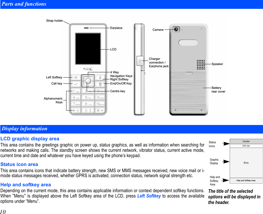 10LCD graphic display areaThis area contains the greetings graphic on power up, status graphics, as well as information when searching fornetworks and making calls. The standby screen shows the current network, vibrator status, current active mode,current time and date and whatever you have keyed using the phone’s keypad.Status icon areaThis area contains icons that indicate battery strength, new SMS or MMS messages received, new voice mail or i-mode status messages received, whether GPRS is activated, connection status, network signal strength etc. Help and softkey areaDepending on the current mode, this area contains applicable information or context dependent softkey functions.When ”Menu” is displayed above the Left Softkey area of the LCD, press Left Softkey to access the availableoptions under “Menu”.Parts and functionsDisplay informationStatus IconsGraphicDisplayHelp and Softkey AreaThe title of the selected options will be displayed in the header.