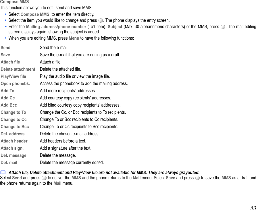 53Compose MMSThis function allows you to edit, send and save MMS.•  Select Compose MMS  to enter the item directly.•  Select the item you would like to change and press  . The phone displays the entry screen.•  Enter the Mailing address/phone number (To1 item), Subject (Max. 30 alphannmeric characters) of the MMS, press  . The mail-editingscreen displays again, showing the subject is added.•  When you are editing MMS, press Menu to have the following functions: Attach file, Delete attachment and Play/View file are not available for MMS. They are always grayouted.Select Send and press   to deliver the MMS and the phone returns to the Mail menu. Select Save and press   to save the MMS as a draft andthe phone returns again to the Mail menu.SendSend the e-mail.Save Save the e-mail that you are editing as a draft.Attach fileAttach a file.Delete attachmentDelete the attached file.Play/View filePlay the audio file or view the image file.Open phonebk.Access the phonebook to add the mailing address.Add ToAdd more recipients&apos; addresses.Add Cc Add courtesy copy recipients&apos; addresses.Add Bcc Add blind courtesy copy recipients&apos; addresses.Change to ToChange the Cc. or Bcc recipients to To recipients.Change to Cc Change To or Bcc recipients to Cc recipients.Change to Bcc Change To or Cc recipients to Bcc recipients.Del. address Delete the chosen e-mail address.Attach headerAdd headers before a text.Attach sign.Add a signature after the text.Del. messageDelete the message.Del. mail Delete the message currently edited.