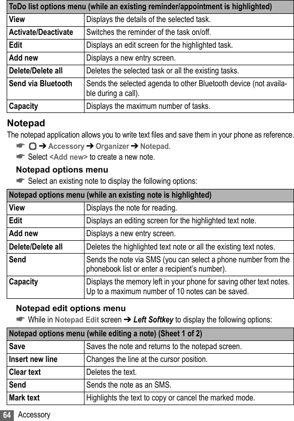 64 AccessoryNotepadThe notepad application allows you to write text files and save them in your phone as reference.☛ ➔ Accessory ➔ Organizer ➔ Notepad.☛Select &lt;Add new&gt; to create a new note.Notepad options menu☛Select an existing note to display the following options:Notepad edit options menu☛While in Notepad Edit screen ➔ Left Softkey to display the following options:ToDo list options menu (while an existing reminder/appointment is highlighted)View Displays the details of the selected task.Activate/Deactivate Switches the reminder of the task on/off.Edit Displays an edit screen for the highlighted task.Add new Displays a new entry screen.Delete/Delete all Deletes the selected task or all the existing tasks.Send via Bluetooth Sends the selected agenda to other Bluetooth device (not availa-ble during a call).Capacity Displays the maximum number of tasks.Notepad options menu (while an existing note is highlighted)View Displays the note for reading.Edit Displays an editing screen for the highlighted text note.Add new Displays a new entry screen.Delete/Delete all Deletes the highlighted text note or all the existing text notes.Send Sends the note via SMS (you can select a phone number from the phonebook list or enter a recipient’s number).Capacity Displays the memory left in your phone for saving other text notes. Up to a maximum number of 10 notes can be saved.Notepad options menu (while editing a note) (Sheet 1 of 2)Save Saves the note and returns to the notepad screen.Insert new line Changes the line at the cursor position.Clear text Deletes the text.Send Sends the note as an SMS.Mark text Highlights the text to copy or cancel the marked mode.