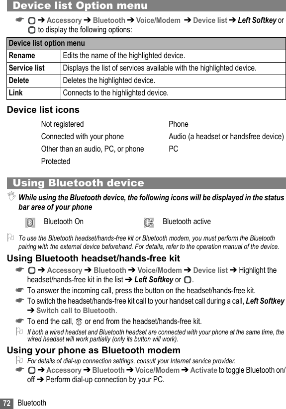 72 BluetoothDevice list Option menu☛ ➔ Accessory ➔ Bluetooth ➔ Voice/Modem  ➔ Device list ➔ Left Softkey or  to display the following options:Device list iconsUsing Bluetooth device,While using the Bluetooth device, the following icons will be displayed in the status bar area of your phone2To use the Bluetooth headset/hands-free kit or Bluetooth modem, you must perform the Bluetooth pairing with the external device beforehand. For details, refer to the operation manual of the device.Using Bluetooth headset/hands-free kit☛ ➔ Accessory ➔ Bluetooth ➔ Voice/Modem ➔ Device list ➔ Highlight the headset/hands-free kit in the list ➔ Left Softkey or .☛To answer the incoming call, press the button on the headset/hands-free kit.☛To switch the headset/hands-free kit call to your handset call during a call, Left Softkey ➔ Switch call to Bluetooth.☛To end the call,   or end from the headset/hands-free kit.2If both a wired headset and Bluetooth headset are connected with your phone at the same time, the wired headset will work partially (only its button will work).Using your phone as Bluetooth modem2For details of dial-up connection settings, consult your Internet service provider.☛ ➔ Accessory ➔ Bluetooth ➔ Voice/Modem ➔ Activate to toggle Bluetooth on/off ➔ Perform dial-up connection by your PC.Device list option menu Rename Edits the name of the highlighted device.Service list Displays the list of services available with the highlighted device.Delete Deletes the highlighted device.Link Connects to the highlighted device.Not registered PhoneConnected with your phone Audio (a headset or handsfree device)Other than an audio, PC, or phone PCProtectedBluetooth On Bluetooth active