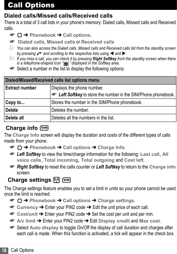 18 Call OptionsCall OptionsDialed calls/Missed calls/Received callsThere is a total of 3 call lists in your phone&apos;s memory: Dialed calls, Missed calls and Received calls.☛ ➔ Phonebook ➔ Call options.☛ Dialed calls, Missed calls or Received calls2You can also access the Dialed calls, Missed calls and Received calls list from the standby screen by pressing   and scrolling to the respective lists using  and .2If you miss a call, you can check it by pressing Right Softkey from the standby screen when there is a telephone-shaped icon “ ” displayed in the Softkey area.☛Select a number in the list to display the following options: Charge info The Charge Info screen will display the duration and costs of the different types of calls made from your phone.☛ ➔ Phonebook ➔ Call options ➔ Charge Info.☛Left Softkey to view the time/charge information for the following: Last call, All voice calls, Total incoming, Total outgoing and Cost left.☛Right Softkey to reset the calls counter or Left Softkey to return to the Charge info screen.Charge settings   The Charge settings feature enables you to set a limit in units so your phone cannot be used once the limit is reached.☛ ➔ Phonebook ➔ Call options ➔ Charge settings.☛Currency ➔ Enter your PIN2 code ➔ Edit the unit price of each call.☛Cost/unit ➔ Enter your PIN2 code ➔ Set the cost per unit and per min.☛A/c limit ➔ Enter your PIN2 code ➔ Edit Display credit and Max cost.☛Select Auto display to toggle On/Off the display of call duration and charges after each call is made. When this function is activated, a tick will appear in the check box.Dialed/Missed/Received calls list options menuExtract number Displays the phone number.☛Left Softkey to store the number in the SIM/Phone phonebook.Copy to...  Stores the number in the SIM/Phone phonebook.Delete Deletes the number.Delete all Deletes all the numbers in the list.SIMSIM