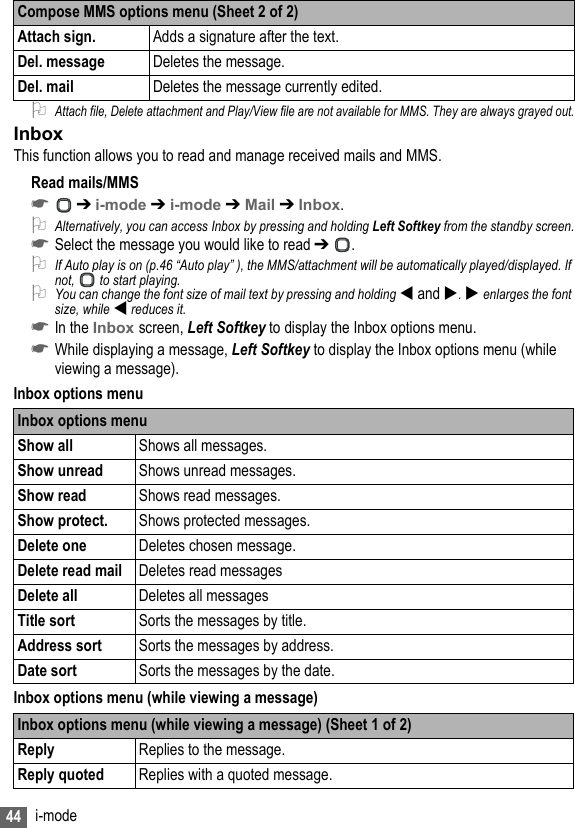 44 i-mode2Attach file, Delete attachment and Play/View file are not available for MMS. They are always grayed out.InboxThis function allows you to read and manage received mails and MMS.Read mails/MMS☛ ➔ i-mode ➔ i-mode ➔ Mail ➔ Inbox.2Alternatively, you can access Inbox by pressing and holding Left Softkey from the standby screen.☛Select the message you would like to read ➔ .2If Auto play is on (p.46 “Auto play” ), the MMS/attachment will be automatically played/displayed. If not,   to start playing.2You can change the font size of mail text by pressing and holding  and .  enlarges the font size, while  reduces it.☛In the Inbox screen, Left Softkey to display the Inbox options menu.☛While displaying a message, Left Softkey to display the Inbox options menu (while viewing a message).Inbox options menuInbox options menu (while viewing a message)Attach sign. Adds a signature after the text.Del. message Deletes the message.Del. mail  Deletes the message currently edited.Inbox options menuShow all Shows all messages.Show unread Shows unread messages.Show read Shows read messages.Show protect. Shows protected messages.Delete one Deletes chosen message.Delete read mail Deletes read messagesDelete all Deletes all messagesTitle sort Sorts the messages by title.Address sort Sorts the messages by address.Date sort Sorts the messages by the date.Inbox options menu (while viewing a message) (Sheet 1 of 2)Reply Replies to the message.Reply quoted Replies with a quoted message.Compose MMS options menu (Sheet 2 of 2)