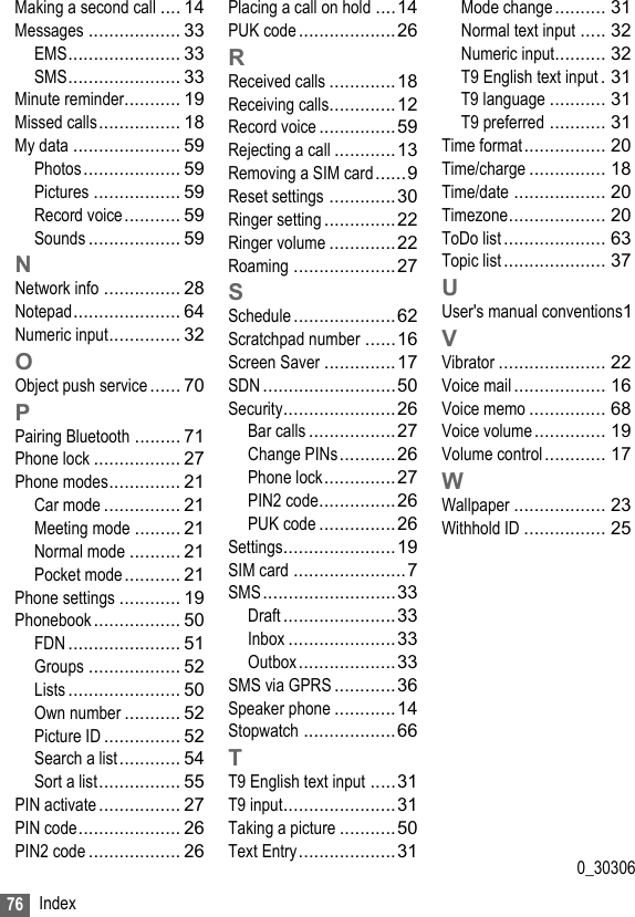 76 IndexMaking a second call .... 14Messages .................. 33EMS...................... 33SMS...................... 33Minute reminder........... 19Missed calls................ 18My data ..................... 59Photos................... 59Pictures ................. 59Record voice........... 59Sounds .................. 59NNetwork info ............... 28Notepad..................... 64Numeric input.............. 32OObject push service ...... 70PPairing Bluetooth ......... 71Phone lock ................. 27Phone modes.............. 21Car mode ............... 21Meeting mode ......... 21Normal mode .......... 21Pocket mode........... 21Phone settings ............ 19Phonebook................. 50FDN ...................... 51Groups .................. 52Lists ...................... 50Own number ........... 52Picture ID ............... 52Search a list............ 54Sort a list................ 55PIN activate................ 27PIN code.................... 26PIN2 code .................. 26Placing a call on hold ....14PUK code...................26RReceived calls .............18Receiving calls.............12Record voice...............59Rejecting a call ............13Removing a SIM card......9Reset settings .............30Ringer setting..............22Ringer volume .............22Roaming ....................27SSchedule....................62Scratchpad number ......16Screen Saver ..............17SDN ..........................50Security......................26Bar calls .................27Change PINs...........26Phone lock..............27PIN2 code...............26PUK code ...............26Settings......................19SIM card ......................7SMS..........................33Draft ......................33Inbox .....................33Outbox...................33SMS via GPRS ............36Speaker phone ............14Stopwatch ..................66TT9 English text input .....31T9 input......................31Taking a picture ...........50Text Entry...................31Mode change.......... 31Normal text input ..... 32Numeric input.......... 32T9 English text input.31T9 language ........... 31T9 preferred ........... 31Time format................ 20Time/charge ............... 18Time/date .................. 20Timezone................... 20ToDo list.................... 63Topic list .................... 37UUser&apos;s manual conventions1VVibrator ..................... 22Voice mail.................. 16Voice memo ............... 68Voice volume.............. 19Volume control............ 17WWallpaper .................. 23Withhold ID ................ 250_30306