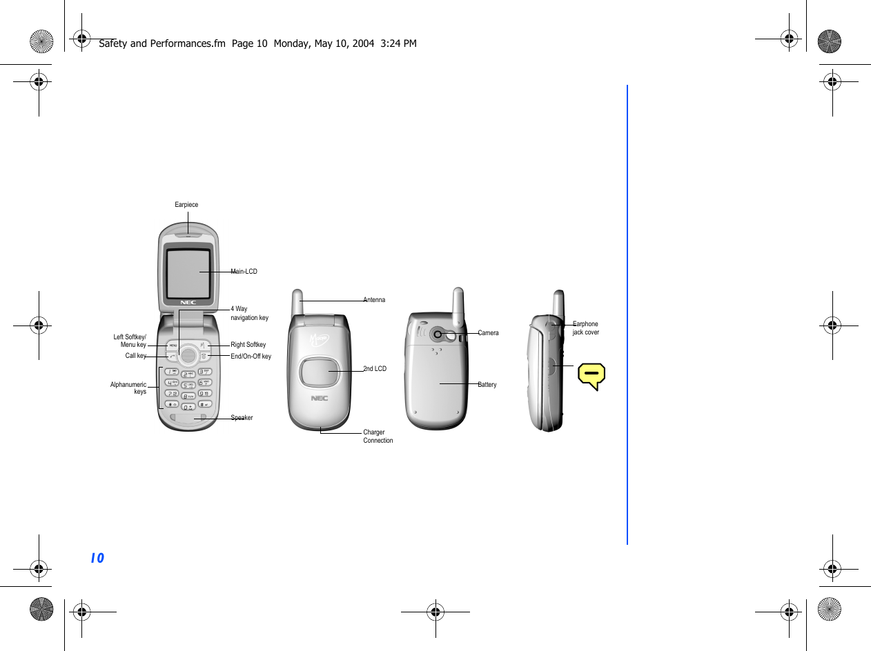 10EarpieceMain-LCD4 Waynavigation keyRight Softkey End/On-Off keySpeakerLeft Softkey/Menu keyCall keyAlphanumerickeysAntenna2nd LCDChargerConnectionEarphone jack coverCameraBatterySafety and Performances.fm  Page 10  Monday, May 10, 2004  3:24 PM