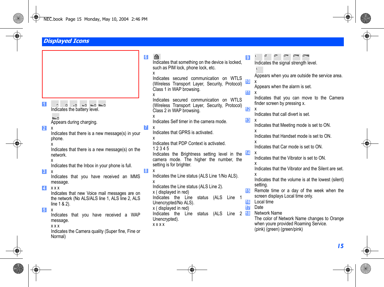 15Indicates the battery level.Appears during charging.xIndicates that there is a new message(s) in yourphone.xIndicates that there is a new message(s) on thenetwork.xIndicates that the Inbox in your phone is full.xIndicates that you have received an MMSmessage.x x xIndicates that new Voice mail messages are onthe network (No ALS/ALS line 1, ALS line 2, ALSline 1 &amp; 2).xIndicates that you have received a WAPmessage.x x xIndicates the Camera quality (Super fine, Fine orNormal)Indicates that something on the device is locked,such as PIM lock, phone lock, etc.xIndicates secured communication on WTLS(Wireless Transport Layer, Security, Protocol)Class 1 in WAP browsing.xIndicates secured communication on WTLS(Wireless Transport Layer, Security, Protocol)Class 2 in WAP browsing.xIndicates Self timer in the camera mode.xIndicates that GPRS is activated.xIndicates that PDP Context is activated.1 2 3 4 5Indicates the Brightness setting level in thecamera mode. The higher the number, thesetting is for brighter.xIndicates the Line status (ALS Line 1/No ALS).xIndicates the Line status (ALS Line 2). x ( displayed in red)Indicates the Line status (ALS Line 1Unencrypted/No ALS). x ( displayed in red)Indicates the Line status (ALS Line 2Unencrypted).x x x xIndicates the signal strength level.Appears when you are outside the service area.xAppears when the alarm is set.xIndicates that you can move to the Camerafinder screen by pressing x.xIndicates that call divert is set.xIndicates that Meeting mode is set to ON.xIndicates that Handset mode is set to ON.xIndicates that Car mode is set to ON.xIndicates that the Vibrator is set to ON.xIndicates that the Vibrator and the Silent are set.xIndicates that the volume is at the lowest (silent)setting.Remote time or a day of the week when thescreen displays Local time only.Local timeDateNetwork NameThe color of Network Name changes to Orangewhen youre provided Roaming Service.(pink) (green) (green/pink)Displayed Icons123456789101112131415161718NEC.book  Page 15  Monday, May 10, 2004  2:46 PM