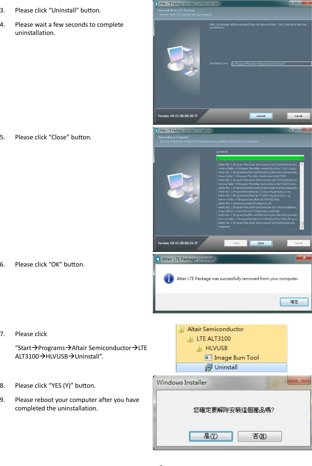   Page 43. Please click “Uninstall” button. 4. Please wait a few seconds to complete uninstallation. 5. Please click “Close” button. 6. Please click “OK” button.  7. Please click   “StartProgramsAltair SemiconductorLTE ALT3100HLVUSBUninstall”.  8. Please click “YES (Y)” button. 9. Please reboot your computer after you have completed the uninstallation. 