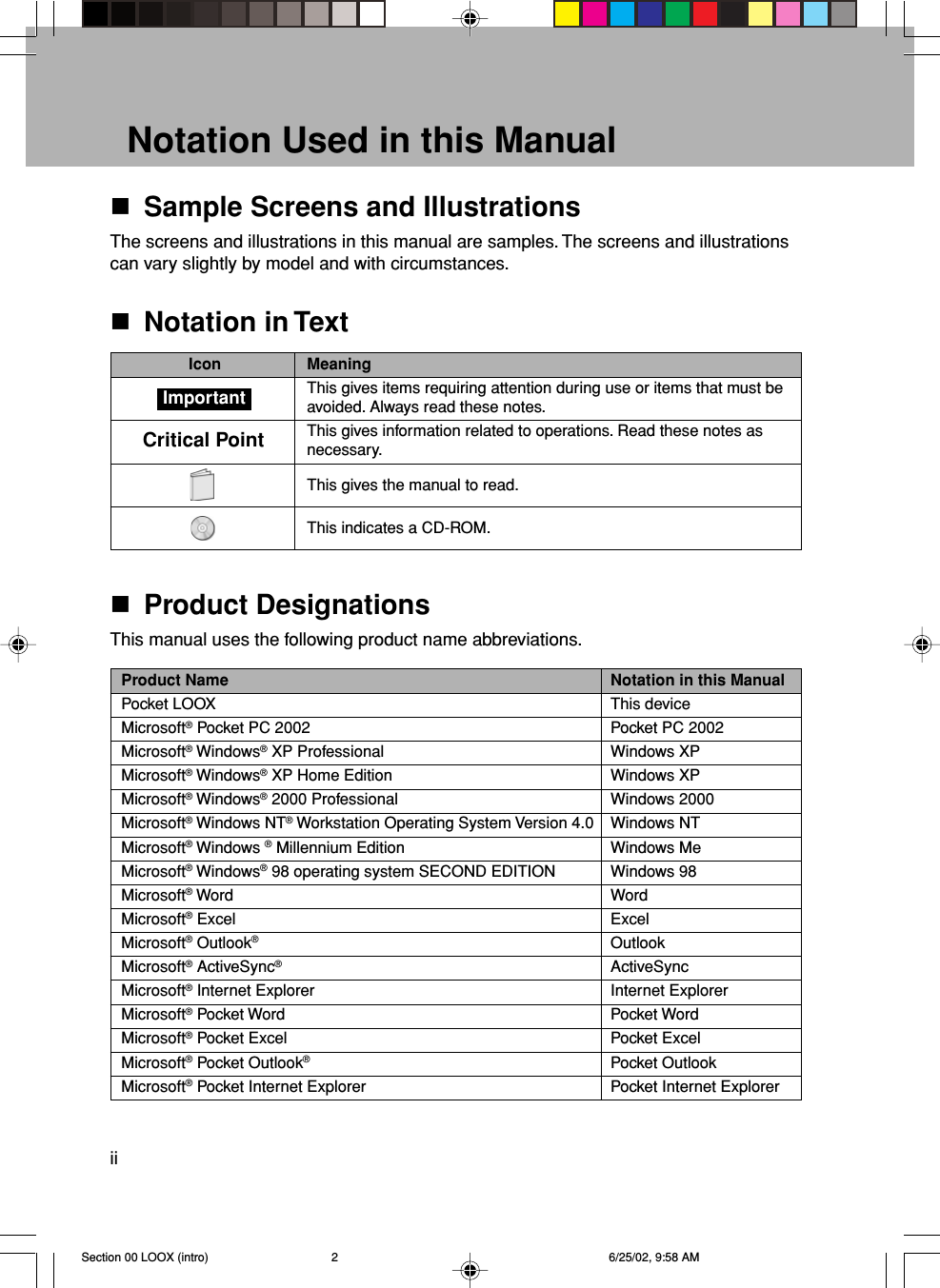 iiNotation Used in this ManualSample Screens and IllustrationsThe screens and illustrations in this manual are samples. The screens and illustrationscan vary slightly by model and with circumstances.Notation in TextIcon MeaningThis gives items requiring attention during use or items that must beavoided. Always read these notes.This gives information related to operations. Read these notes asnecessary.This gives the manual to read.This indicates a CD-ROM.Product DesignationsThis manual uses the following product name abbreviations.ImportantProduct Name Notation in this ManualPocket LOOX This deviceMicrosoft® Pocket PC 2002 Pocket PC 2002Microsoft® Windows® XP Professional Windows XPMicrosoft® Windows® XP Home Edition Windows XPMicrosoft® Windows® 2000 Professional Windows 2000Microsoft® Windows NT® Workstation Operating System Version 4.0 Windows NTMicrosoft® Windows ® Millennium Edition Windows MeMicrosoft® Windows® 98 operating system SECOND EDITION Windows 98Microsoft® Word WordMicrosoft® Excel ExcelMicrosoft® Outlook®OutlookMicrosoft® ActiveSync®ActiveSyncMicrosoft® Internet Explorer Internet ExplorerMicrosoft® Pocket Word Pocket WordMicrosoft® Pocket Excel Pocket ExcelMicrosoft® Pocket Outlook®Pocket OutlookMicrosoft® Pocket Internet Explorer Pocket Internet ExplorerCritical PointSection 00 LOOX (intro) 6/25/02, 9:58 AM2