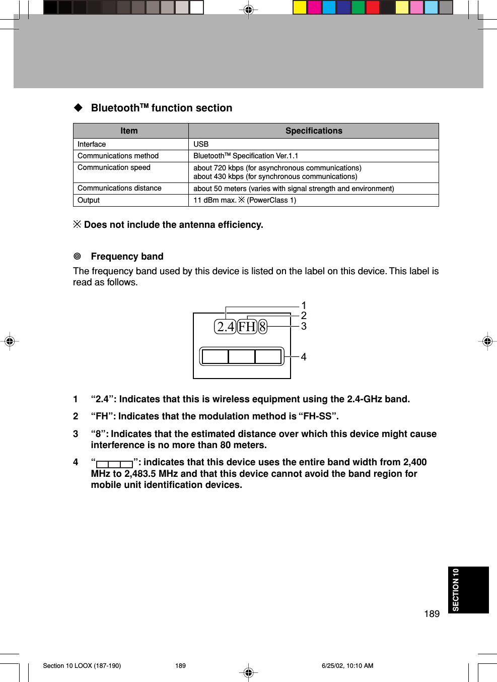 189SECTION 10BluetoothTM function sectionItem SpecificationsInterfaceCommunications methodCommunication speedCommunications distanceOutputUSBBluetoothTM Specification Ver.1.1about 720 kbps (for asynchronous communications)about 430 kbps (for synchronous communications)about 50 meters (varies with signal strength and environment)11 dBm max. * (PowerClass 1)* Does not include the antenna efficiency.Frequency bandThe frequency band used by this device is listed on the label on this device. This label isread as follows.1 “2.4”: Indicates that this is wireless equipment using the 2.4-GHz band.2 “FH”: Indicates that the modulation method is “FH-SS”.3 “8”: Indicates that the estimated distance over which this device might causeinterference is no more than 80 meters.4“ ”: indicates that this device uses the entire band width from 2,400MHz to 2,483.5 MHz and that this device cannot avoid the band region formobile unit identification devices.2.4 FH 81234Section 10 LOOX (187-190) 6/25/02, 10:10 AM189