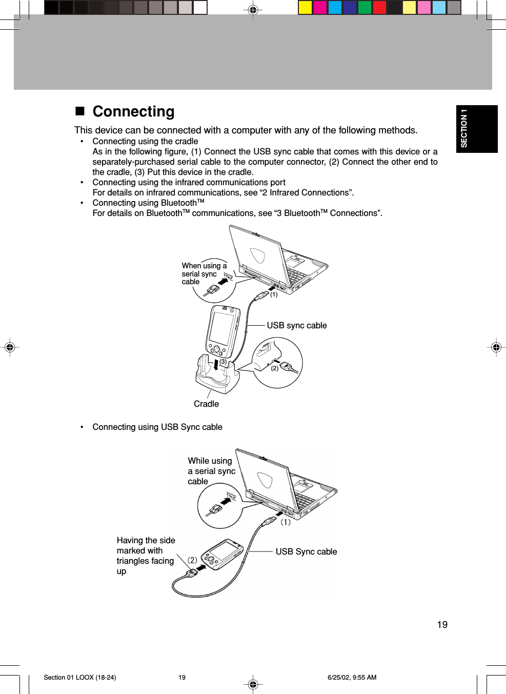 19SECTION 1(2)(1)(3)ConnectingThis device can be connected with a computer with any of the following methods.•Connecting using the cradleAs in the following figure, (1) Connect the USB sync cable that comes with this device or aseparately-purchased serial cable to the computer connector, (2) Connect the other end tothe cradle, (3) Put this device in the cradle.•Connecting using the infrared communications portFor details on infrared communications, see “2 Infrared Connections”.•Connecting using BluetoothTMFor details on BluetoothTM communications, see “3 BluetoothTM Connections”.USB sync cableCradle•Connecting using USB Sync cableUSB Sync cableWhile usinga serial synccableHaving the sidemarked withtriangles facingupWhen using aserial synccableSection 01 LOOX (18-24) 6/25/02, 9:55 AM19