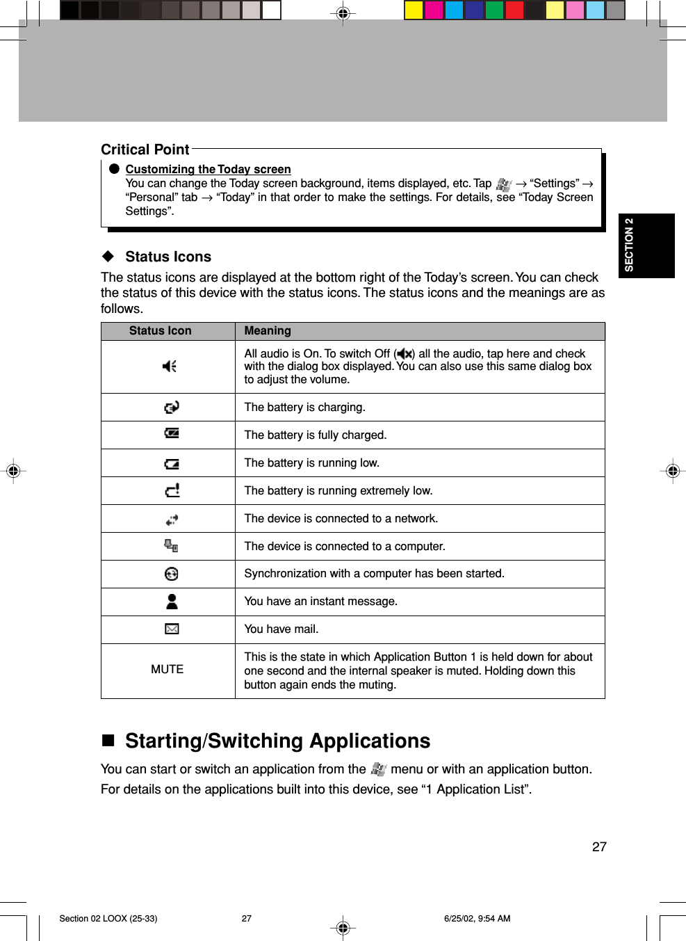 27SECTION 2Critical PointCustomizing the Today screenYou can change the Today screen background, items displayed, etc. Tap   → “Settings” →“Personal” tab → “Today” in that order to make the settings. For details, see “Today ScreenSettings”.Status IconsThe status icons are displayed at the bottom right of the Today’s screen. You can checkthe status of this device with the status icons. The status icons and the meanings are asfollows.Status Icon MeaningAll audio is On. To switch Off ( ) all the audio, tap here and checkwith the dialog box displayed. You can also use this same dialog boxto adjust the volume.The battery is charging.The battery is fully charged.The battery is running low.The battery is running extremely low.The device is connected to a network.The device is connected to a computer.Synchronization with a computer has been started.You have an instant message.You have mail.This is the state in which Application Button 1 is held down for aboutone second and the internal speaker is muted. Holding down thisbutton again ends the muting.Starting/Switching ApplicationsYou can start or switch an application from the   menu or with an application button.For details on the applications built into this device, see “1 Application List”.MUTESection 02 LOOX (25-33) 6/25/02, 9:54 AM27
