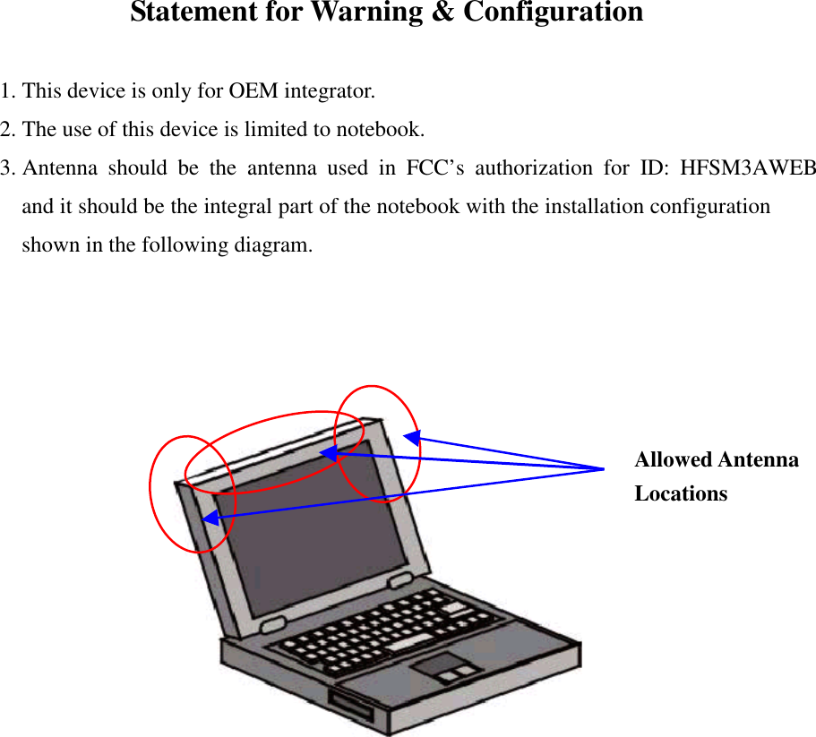 Statement for Warning &amp; Configuration1. This device is only for OEM integrator.2. The use of this device is limited to notebook.3. Antenna should be the antenna used in FCC’s authorization for ID: HFSM3AWEBand it should be the integral part of the notebook with the installation configurationshown in the following diagram.Allowed AntennaLocations