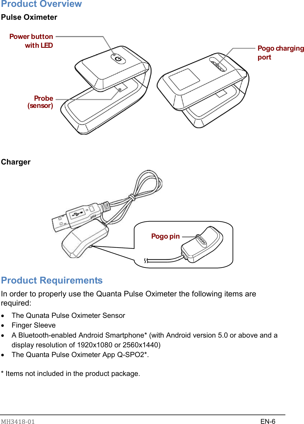 MH3418-01                                                                    EN-6   Product Overview Pulse Oximeter  Power buttonwith LEDProbe(sensor)Pogo charging port   Charger   Pogo pin Product Requirements In order to properly use the Quanta Pulse Oximeter the following items are required:   The Qunata Pulse Oximeter Sensor       Finger Sleeve   A Bluetooth-enabled Android Smartphone* (with Android version 5.0 or above and a display resolution of 1920x1080 or 2560x1440)   The Quanta Pulse Oximeter App Q-SPO2*.  * Items not included in the product package.  