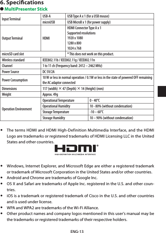 ENG-136. Speciﬁcations● MultiPresenter StickInput Terminal USB-A USB Type A x 1 (for a USB mouse)microUSB USB MicroB x 1 (for power supply)Output Terminal HDMIHDMI Connector Type A x 1Supported resolutions1920 x 10801280 x 8001024 x 768microSD card slot * This does not work on this product.Wireless standard IEEE802.11b / IEEE802.11g / IEEE802.11nChannel 1 to 11 ch (Frequency band: 2412 – 2462 MHz)Power Source DC 5V/2APower Consumption 10 W or less in normal operation / 0.1W or less in the state of powered OFF remaining the AC adaptor connectedDimensions 117 (width) × 47 (Depth) × 14 (Height) (mm)Weight Approx. 49gOperation EnvironmentOperational Temperature 0 - 40°COperational Humidity 10 - 80% (without condensation)Storage Temperature -10 – 60°CStorage Humidity 10 – 90% (without condensation)•  The terms HDMI and HDMI High-Definition Multimedia Interface, and the HDMI Logo are trademarks or registered trademarks of HDMI Licensing LLC in the United States and other countries.•  Windows, Internet Explorer, and Microsoft Edge are either a registered trademark or trademark of Microsoft Corporation in the United States and/or other countries.•  Android and Chrome are trademarks of Google Inc.•  OS X and Safari are trademarks of Apple Inc. registered in the U.S. and other coun-tries.•  iOS is a trademark or registered trademark of Cisco in the U.S. and other countries and is used under license.•  WPA and WPA2 are trademarks of the Wi-Fi Alliance.•  Other product names and company logos mentioned in this user’s manual may be the trademarks or registered trademarks of their respective holders.