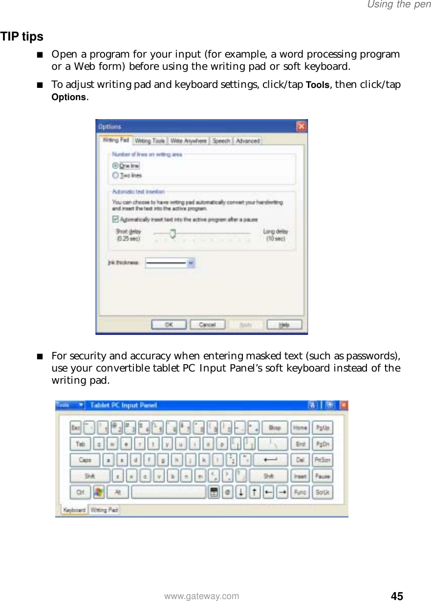 45Using the penwww.gateway.comTIP tips■Open a program for your input (for example, a word processing program or a Web form) before using the writing pad or soft keyboard.■To adjust writing pad and keyboard settings, click/tap Tools, then click/tap Options.■For security and accuracy when entering masked text (such as passwords), use your convertible tablet PC Input Panel’s soft keyboard instead of the writing pad.