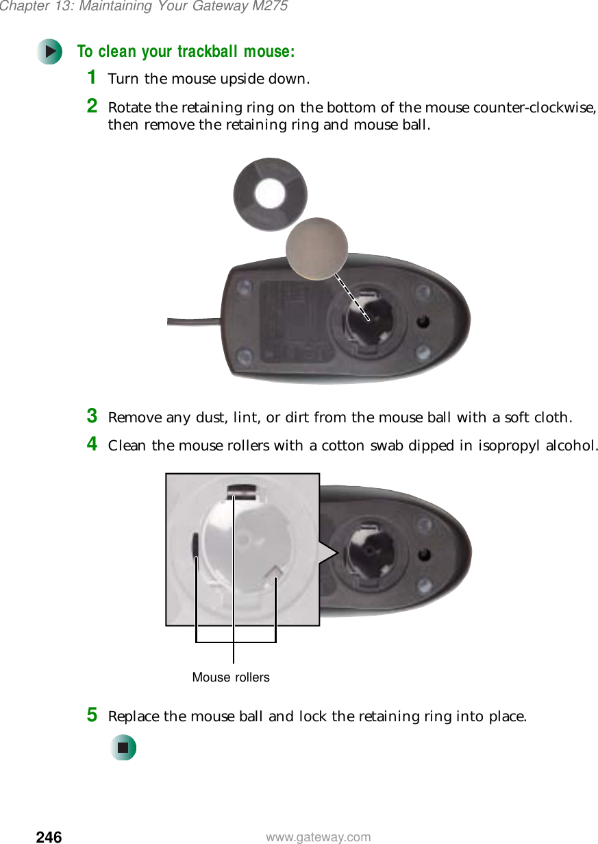 246Chapter 13: Maintaining Your Gateway M275www.gateway.comTo clean your trackball mouse:1Turn the mouse upside down.2Rotate the retaining ring on the bottom of the mouse counter-clockwise, then remove the retaining ring and mouse ball.3Remove any dust, lint, or dirt from the mouse ball with a soft cloth.4Clean the mouse rollers with a cotton swab dipped in isopropyl alcohol.5Replace the mouse ball and lock the retaining ring into place.Mouse rollers