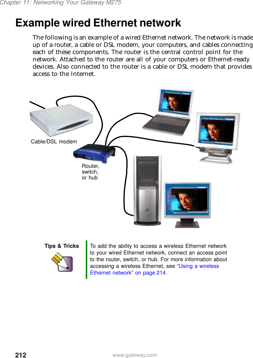 212Chapter 11: Networking Your Gateway M275www.gateway.comExample wired Ethernet networkThe following is an example of a wired Ethernet network. The network is made up of a router, a cable or DSL modem, your computers, and cables connecting each of these components. The router is the central control point for the network. Attached to the router are all of your computers or Ethernet-ready devices. Also connected to the router is a cable or DSL modem that provides access to the Internet.Tips &amp; Tricks To add the ability to access a wireless Ethernet network to your wired Ethernet network, connect an access point to the router, switch, or hub. For more information about accessing a wireless Ethernet, see “Using a wireless Ethernet network” on page 214.Cable/DSL modemRouter, switch, or hub