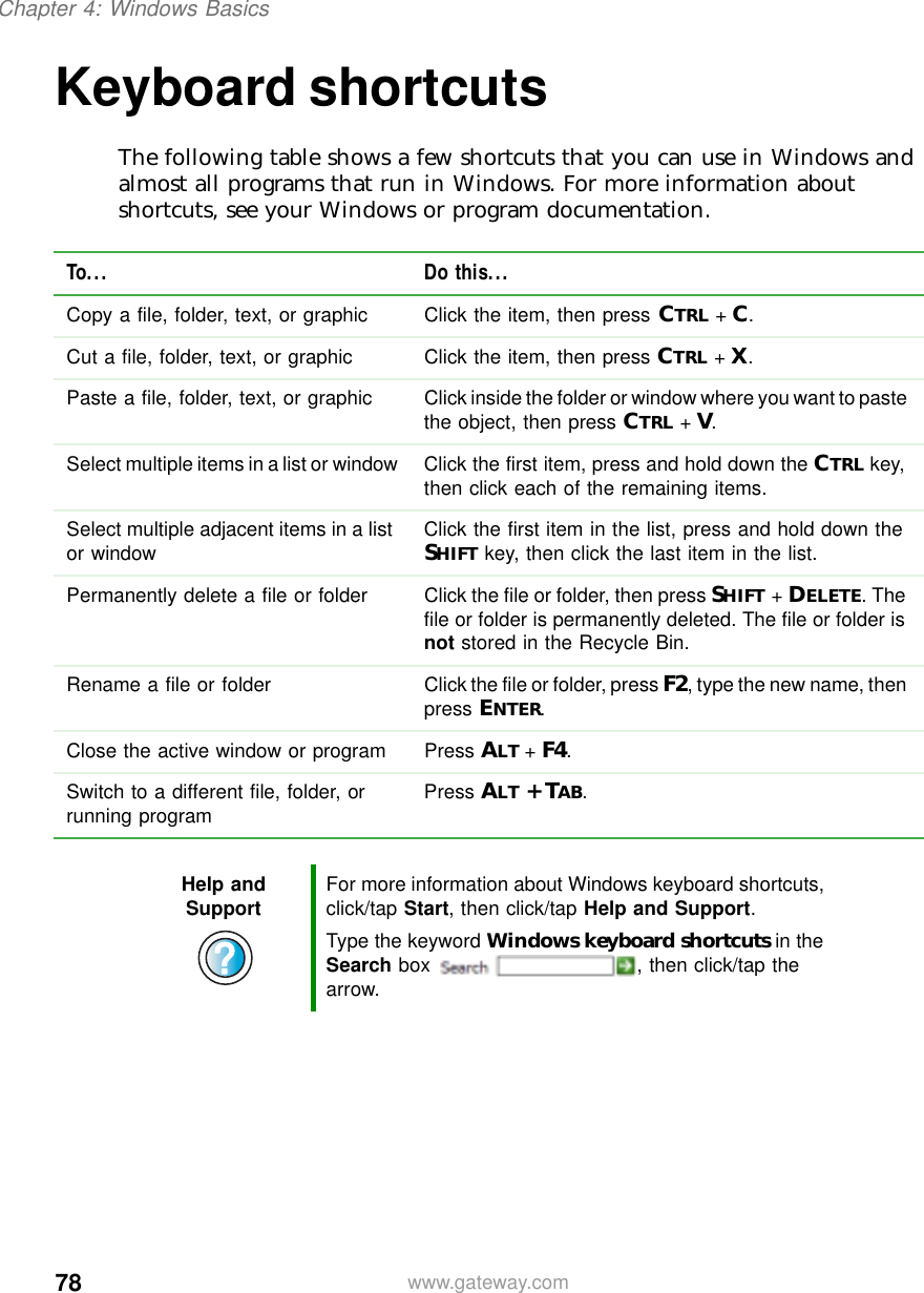 78Chapter 4: Windows Basicswww.gateway.comKeyboard shortcutsThe following table shows a few shortcuts that you can use in Windows and almost all programs that run in Windows. For more information about shortcuts, see your Windows or program documentation.To... Do this...Copy a file, folder, text, or graphic Click the item, then press CTRL +C.Cut a file, folder, text, or graphic Click the item, then press CTRL +X.Paste a file, folder, text, or graphic Click inside the folder or window where you want to paste the object, then press CTRL +V.Select multiple items in a list or window Click the first item, press and hold down the CTRL key, then click each of the remaining items.Select multiple adjacent items in a list or window Click the first item in the list, press and hold down the SHIFT key, then click the last item in the list.Permanently delete a file or folder Click the file or folder, then press SHIFT +DELETE. The file or folder is permanently deleted. The file or folder is not stored in the Recycle Bin.Rename a file or folder Click the file or folder, press F2, type the new name, then press ENTER.Close the active window or program Press ALT +F4.Switch to a different file, folder, or running program Press ALT +TAB.Help and Support For more information about Windows keyboard shortcuts, click/tap Start, then click/tap Help and Support.Type the keyword Windows keyboard shortcuts in the Search box  , then click/tap the arrow.