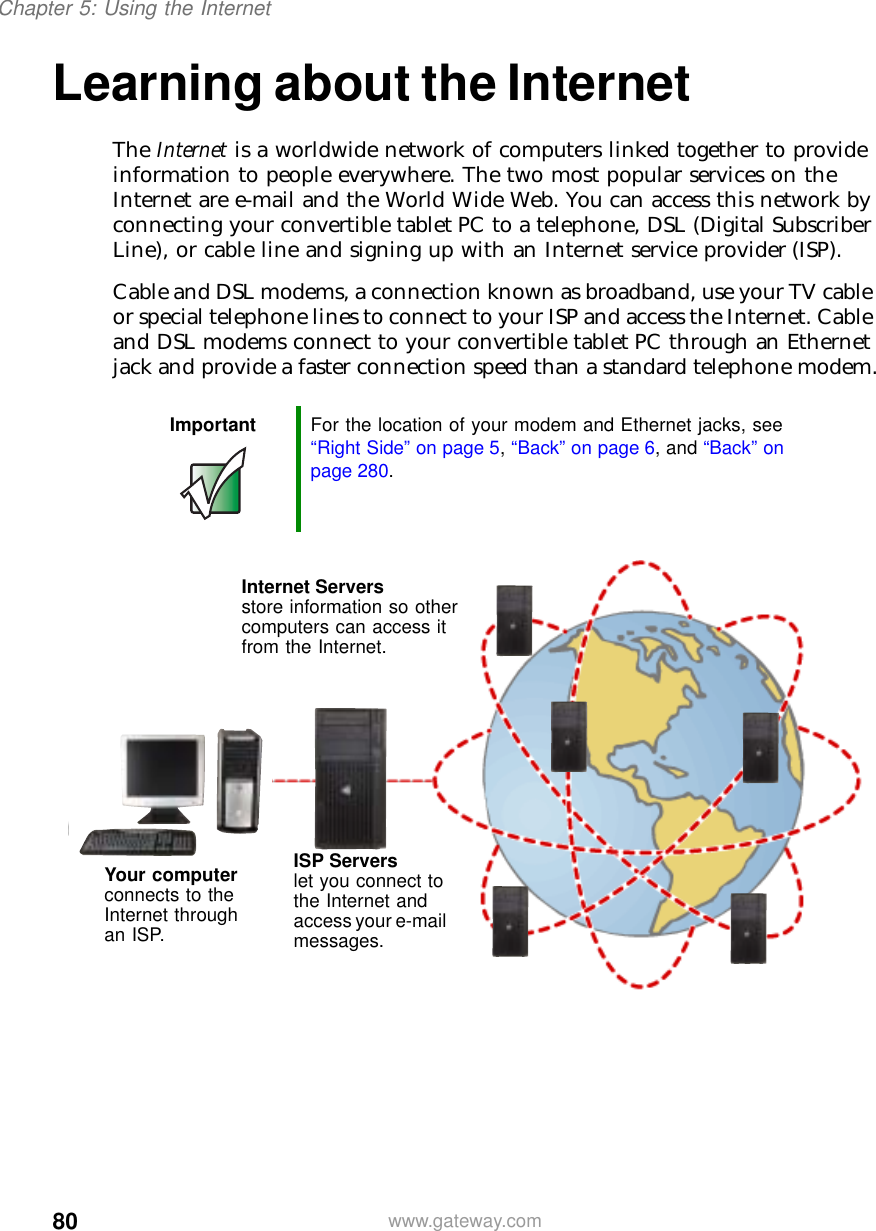 80Chapter 5: Using the Internetwww.gateway.comLearning about the InternetThe Internet is a worldwide network of computers linked together to provide information to people everywhere. The two most popular services on the Internet are e-mail and the World Wide Web. You can access this network by connecting your convertible tablet PC to a telephone, DSL (Digital Subscriber Line), or cable line and signing up with an Internet service provider (ISP).Cable and DSL modems, a connection known as broadband, use your TV cable or special telephone lines to connect to your ISP and access the Internet. Cable and DSL modems connect to your convertible tablet PC through an Ethernet jack and provide a faster connection speed than a standard telephone modem.Important For the location of your modem and Ethernet jacks, see “Right Side” on page 5, “Back” on page 6, and “Back” on page 280.Your computer connects to the Internet through an ISP.ISP Servers let you connect to the Internet and access your e-mail messages.Internet Servers store information so other computers can access it from the Internet.