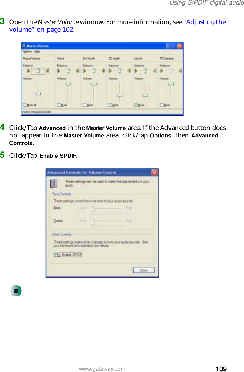 109Using S/PDIF digital audiowww.gateway.com3Open the Master Volume window. For more information, see “Adjusting the volume” on page 102.4Click/Tap Advanced in the Master Volume area. If the Advanced button does not appear in the Master Volume area, click/tap Options, then Advanced Controls.5Click/Tap Enable SPDIF.