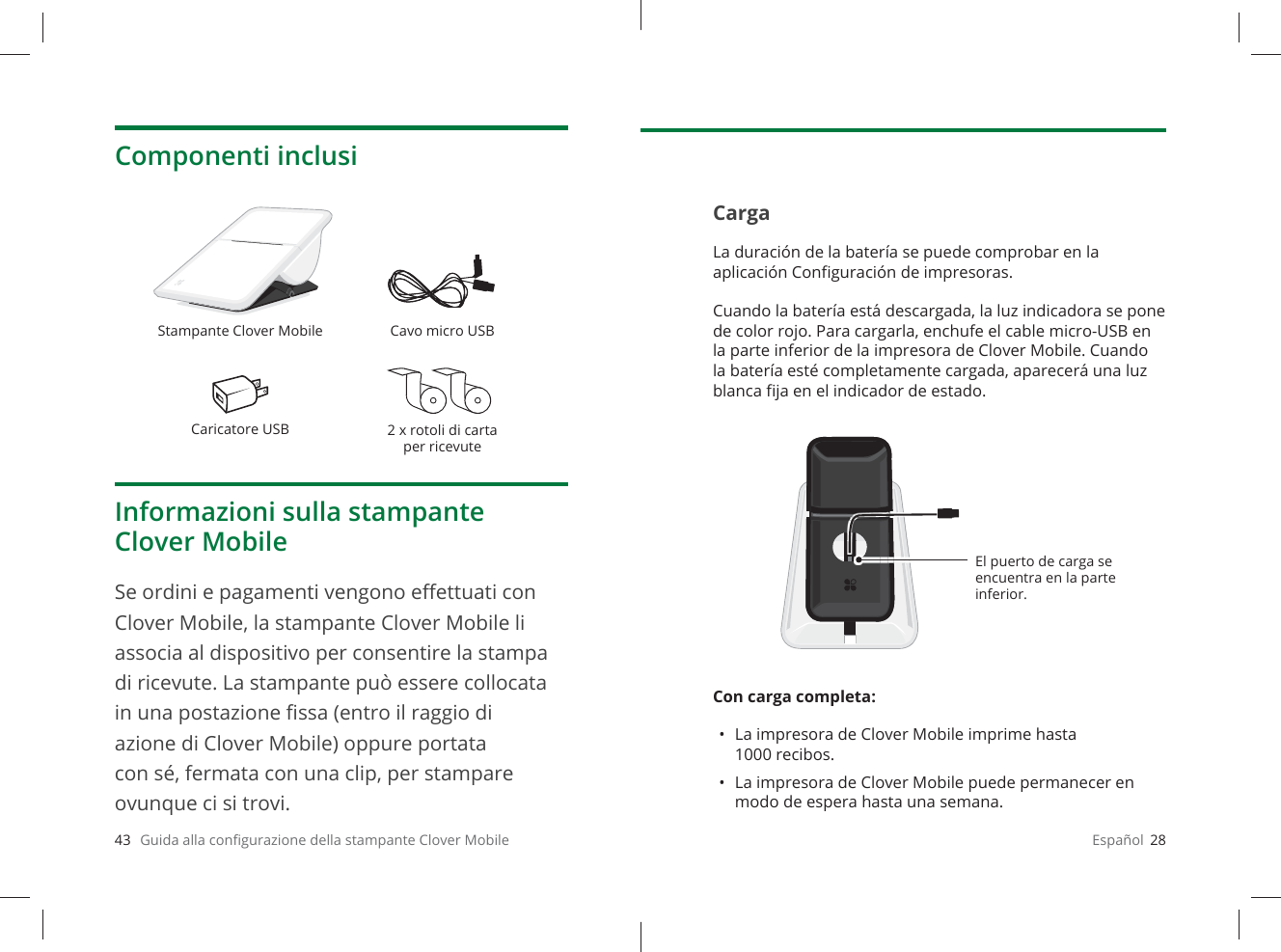 43   Guida alla conﬁ gurazione della stampante Clover MobileComponenti inclusiInformazioni sulla stampante Clover MobileSe ordini e pagamenti vengono eﬀ ettuati con Clover Mobile, la stampante Clover Mobile li associa al dispositivo per consentire la stampa di ricevute. La stampante può essere collocata in una postazione ﬁ ssa (entro il raggio di azione di Clover Mobile) oppure portata con sé, fermata con una clip, per stampare ovunque ci si trovi.Stampante Clover Mobile Cavo micro USBCaricatore USB 2 x rotoli di carta per ricevuteEspañol  28CargaLa duración de la batería se puede comprobar en la aplicación Conﬁ guración de impresoras. Cuando la batería está descargada, la luz indicadora se pone de color rojo. Para cargarla, enchufe el cable micro-USB en la parte inferior de la impresora de Clover Mobile. Cuando la batería esté completamente cargada, aparecerá una luz blanca ﬁ ja en el indicador de estado.Con carga completa: •  La impresora de Clover Mobile imprime hasta 1000 recibos.•  La impresora de Clover Mobile puede permanecer en modo de espera hasta una semana.El puerto de carga se encuentra en la parte inferior.