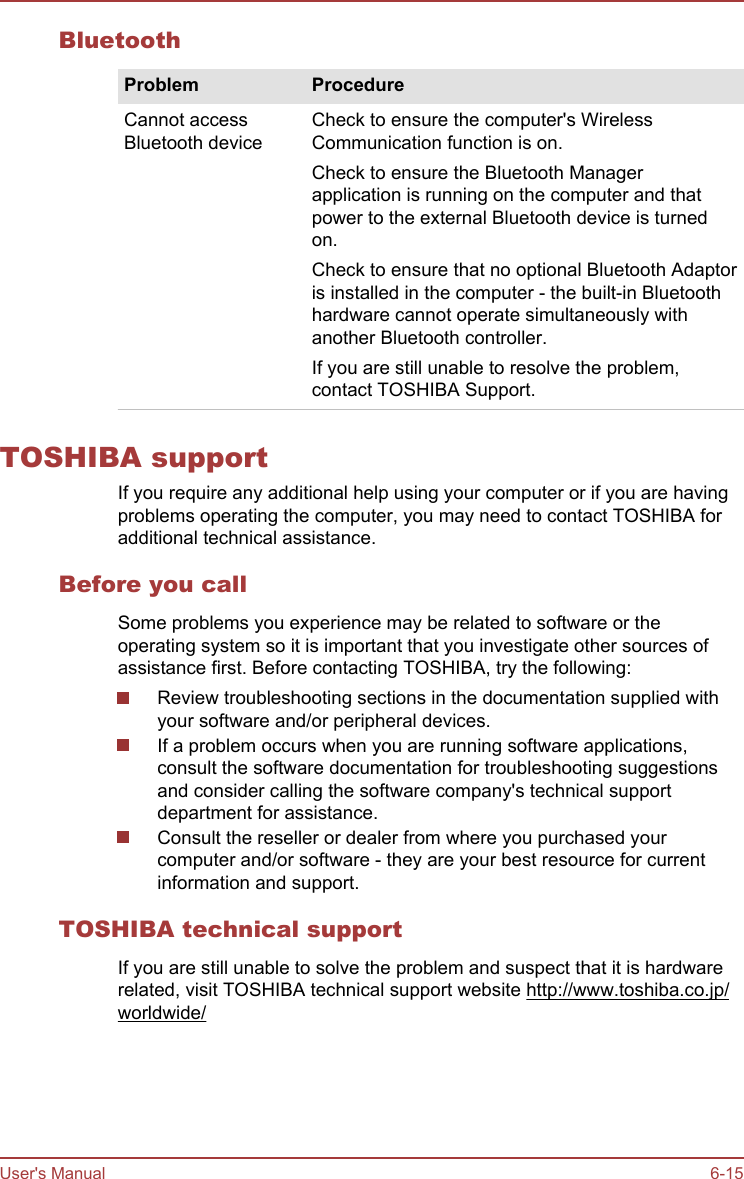 BluetoothProblem ProcedureCannot accessBluetooth deviceCheck to ensure the computer&apos;s WirelessCommunication function is on.Check to ensure the Bluetooth Managerapplication is running on the computer and thatpower to the external Bluetooth device is turnedon.Check to ensure that no optional Bluetooth Adaptoris installed in the computer - the built-in Bluetoothhardware cannot operate simultaneously withanother Bluetooth controller.If you are still unable to resolve the problem,contact TOSHIBA Support.TOSHIBA supportIf you require any additional help using your computer or if you are havingproblems operating the computer, you may need to contact TOSHIBA foradditional technical assistance.Before you callSome problems you experience may be related to software or theoperating system so it is important that you investigate other sources ofassistance first. Before contacting TOSHIBA, try the following:Review troubleshooting sections in the documentation supplied withyour software and/or peripheral devices.If a problem occurs when you are running software applications,consult the software documentation for troubleshooting suggestionsand consider calling the software company&apos;s technical supportdepartment for assistance.Consult the reseller or dealer from where you purchased yourcomputer and/or software - they are your best resource for currentinformation and support.TOSHIBA technical supportIf you are still unable to solve the problem and suspect that it is hardwarerelated, visit TOSHIBA technical support website http://www.toshiba.co.jp/worldwide/User&apos;s Manual 6-15