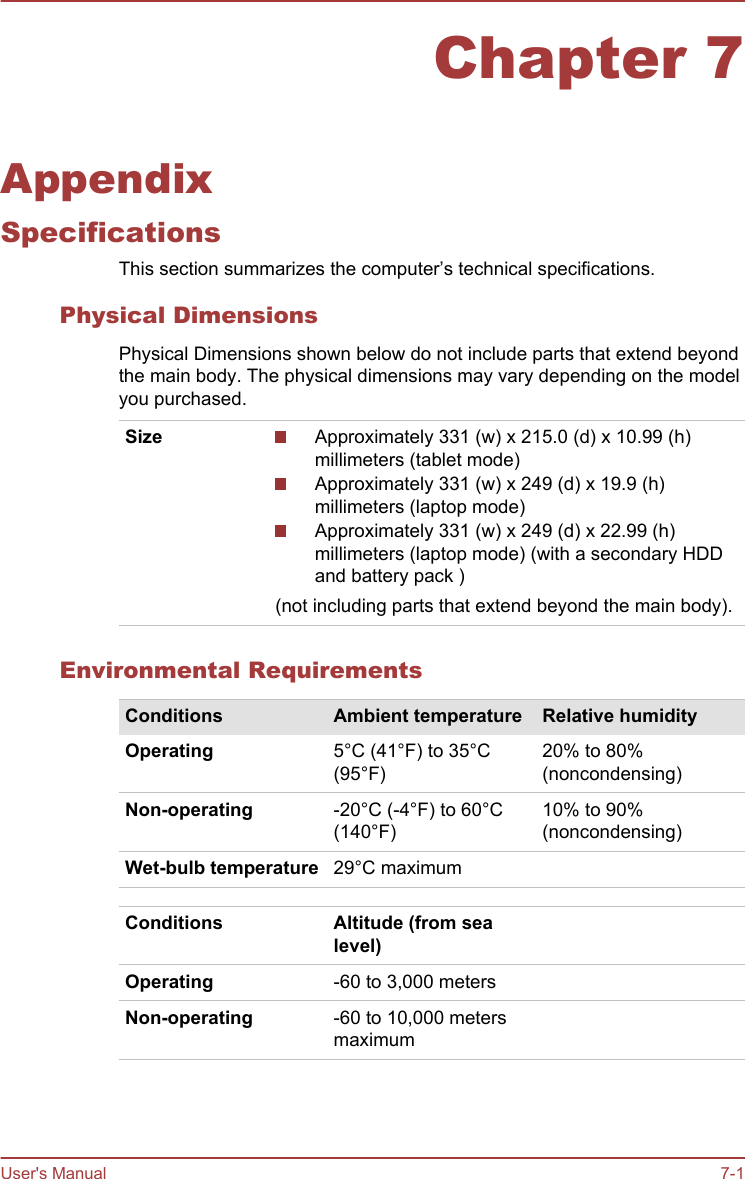 Chapter 7AppendixSpecificationsThis section summarizes the computer’s technical specifications.Physical DimensionsPhysical Dimensions shown below do not include parts that extend beyondthe main body. The physical dimensions may vary depending on the modelyou purchased.Size Approximately 331 (w) x 215.0 (d) x 10.99 (h)millimeters (tablet mode)Approximately 331 (w) x 249 (d) x 19.9 (h)millimeters (laptop mode)Approximately 331 (w) x 249 (d) x 22.99 (h)millimeters (laptop mode) (with a secondary HDDand battery pack )(not including parts that extend beyond the main body).Environmental RequirementsConditions Ambient temperature Relative humidityOperating 5°C (41°F) to 35°C(95°F)20% to 80%(noncondensing)Non-operating -20°C (-4°F) to 60°C(140°F)10% to 90%(noncondensing)Wet-bulb temperature 29°C maximumConditions Altitude (from sealevel)Operating -60 to 3,000 metersNon-operating -60 to 10,000 metersmaximumUser&apos;s Manual 7-1