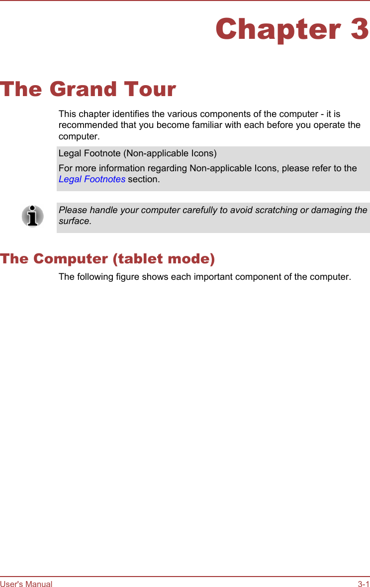 Chapter 3The Grand TourThis chapter identifies the various components of the computer - it isrecommended that you become familiar with each before you operate thecomputer.Legal Footnote (Non-applicable Icons)For more information regarding Non-applicable Icons, please refer to theLegal Footnotes section.Please handle your computer carefully to avoid scratching or damaging thesurface.The Computer (tablet mode)The following figure shows each important component of the computer.User&apos;s Manual 3-1