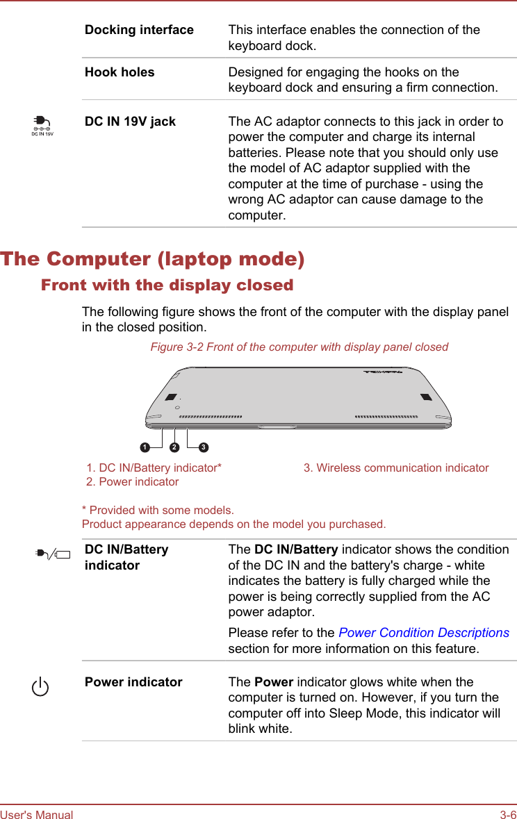 Docking interface This interface enables the connection of thekeyboard dock.Hook holes Designed for engaging the hooks on thekeyboard dock and ensuring a firm connection.DC IN 19V jack The AC adaptor connects to this jack in order topower the computer and charge its internalbatteries. Please note that you should only usethe model of AC adaptor supplied with thecomputer at the time of purchase - using thewrong AC adaptor can cause damage to thecomputer.The Computer (laptop mode)Front with the display closedThe following figure shows the front of the computer with the display panelin the closed position.Figure 3-2 Front of the computer with display panel closed3211. DC IN/Battery indicator* 3. Wireless communication indicator2. Power indicator  * Provided with some models.Product appearance depends on the model you purchased.DC IN/BatteryindicatorThe DC IN/Battery indicator shows the conditionof the DC IN and the battery&apos;s charge - whiteindicates the battery is fully charged while thepower is being correctly supplied from the ACpower adaptor.Please refer to the Power Condition Descriptionssection for more information on this feature.Power indicator The Power indicator glows white when thecomputer is turned on. However, if you turn thecomputer off into Sleep Mode, this indicator willblink white.User&apos;s Manual 3-6