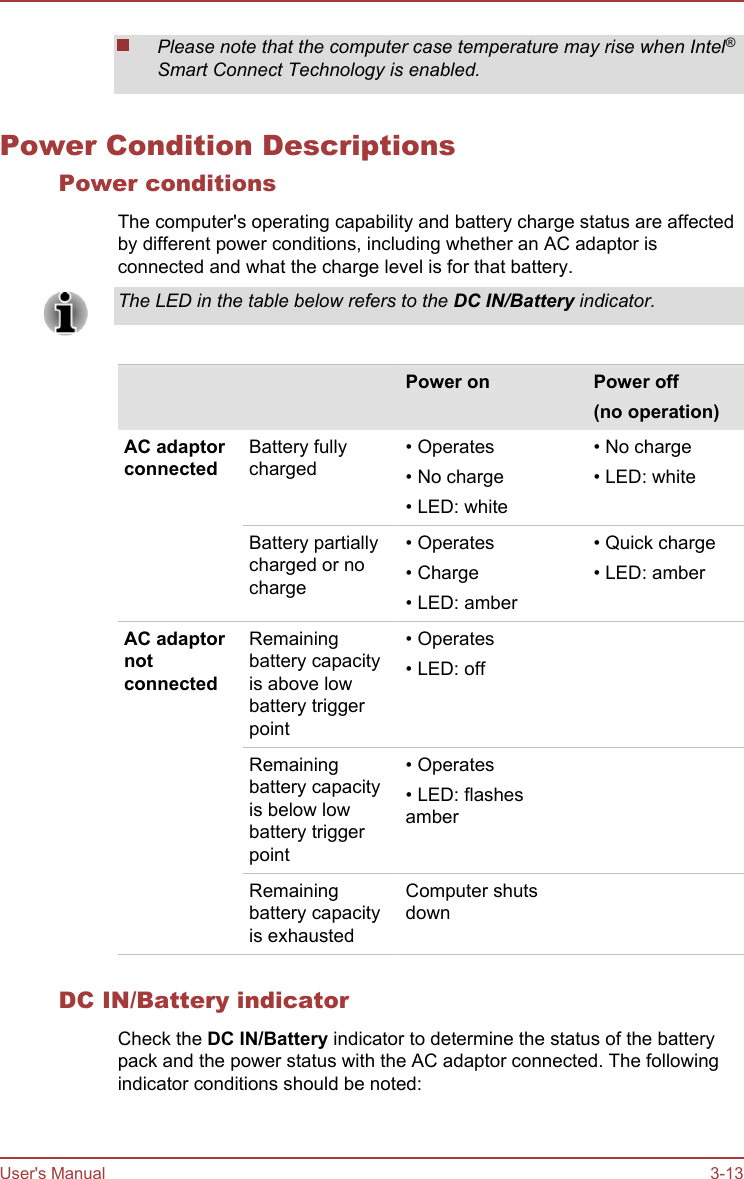 Please note that the computer case temperature may rise when Intel®Smart Connect Technology is enabled.Power Condition DescriptionsPower conditionsThe computer&apos;s operating capability and battery charge status are affectedby different power conditions, including whether an AC adaptor isconnected and what the charge level is for that battery.The LED in the table below refers to the DC IN/Battery indicator.    Power on Power off(no operation)AC adaptorconnectedBattery fullycharged• Operates• No charge• LED: white• No charge• LED: whiteBattery partiallycharged or nocharge• Operates• Charge• LED: amber• Quick charge• LED: amberAC adaptornotconnectedRemainingbattery capacityis above lowbattery triggerpoint• Operates• LED: offRemainingbattery capacityis below lowbattery triggerpoint• Operates• LED: flashesamberRemainingbattery capacityis exhaustedComputer shutsdownDC IN/Battery indicatorCheck the DC IN/Battery indicator to determine the status of the batterypack and the power status with the AC adaptor connected. The followingindicator conditions should be noted:User&apos;s Manual 3-13