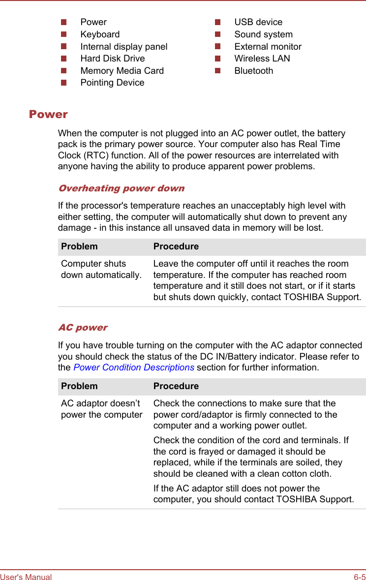 PowerKeyboardInternal display panelHard Disk DriveMemory Media CardPointing DeviceUSB deviceSound systemExternal monitorWireless LANBluetoothPowerWhen the computer is not plugged into an AC power outlet, the batterypack is the primary power source. Your computer also has Real TimeClock (RTC) function. All of the power resources are interrelated withanyone having the ability to produce apparent power problems.Overheating power downIf the processor&apos;s temperature reaches an unacceptably high level witheither setting, the computer will automatically shut down to prevent anydamage - in this instance all unsaved data in memory will be lost.Problem ProcedureComputer shutsdown automatically.Leave the computer off until it reaches the roomtemperature. If the computer has reached roomtemperature and it still does not start, or if it startsbut shuts down quickly, contact TOSHIBA Support.AC powerIf you have trouble turning on the computer with the AC adaptor connectedyou should check the status of the DC IN/Battery indicator. Please refer tothe Power Condition Descriptions section for further information.Problem ProcedureAC adaptor doesn’tpower the computerCheck the connections to make sure that thepower cord/adaptor is firmly connected to thecomputer and a working power outlet.Check the condition of the cord and terminals. Ifthe cord is frayed or damaged it should bereplaced, while if the terminals are soiled, theyshould be cleaned with a clean cotton cloth.If the AC adaptor still does not power thecomputer, you should contact TOSHIBA Support.User&apos;s Manual 6-5