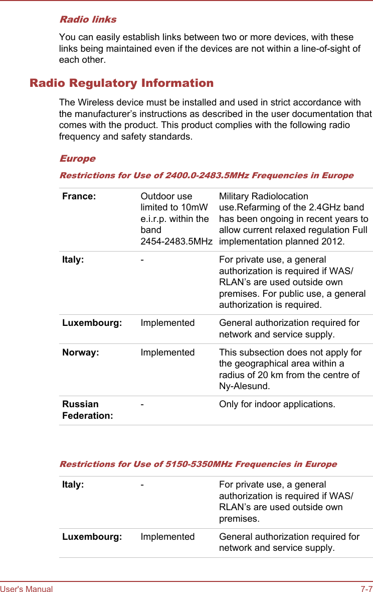 Radio linksYou can easily establish links between two or more devices, with theselinks being maintained even if the devices are not within a line-of-sight ofeach other.Radio Regulatory InformationThe Wireless device must be installed and used in strict accordance withthe manufacturer’s instructions as described in the user documentation thatcomes with the product. This product complies with the following radiofrequency and safety standards.EuropeRestrictions for Use of 2400.0-2483.5MHz Frequencies in EuropeFrance: Outdoor uselimited to 10mWe.i.r.p. within theband2454-2483.5MHzMilitary Radiolocationuse.Refarming of the 2.4GHz bandhas been ongoing in recent years toallow current relaxed regulation Fullimplementation planned 2012.Italy: - For private use, a generalauthorization is required if WAS/RLAN’s are used outside ownpremises. For public use, a generalauthorization is required.Luxembourg: Implemented General authorization required fornetwork and service supply.Norway: Implemented This subsection does not apply forthe geographical area within aradius of 20 km from the centre ofNy-Alesund.RussianFederation:- Only for indoor applications.   Restrictions for Use of 5150-5350MHz Frequencies in EuropeItaly: - For private use, a generalauthorization is required if WAS/RLAN’s are used outside ownpremises.Luxembourg: Implemented General authorization required fornetwork and service supply.User&apos;s Manual 7-7