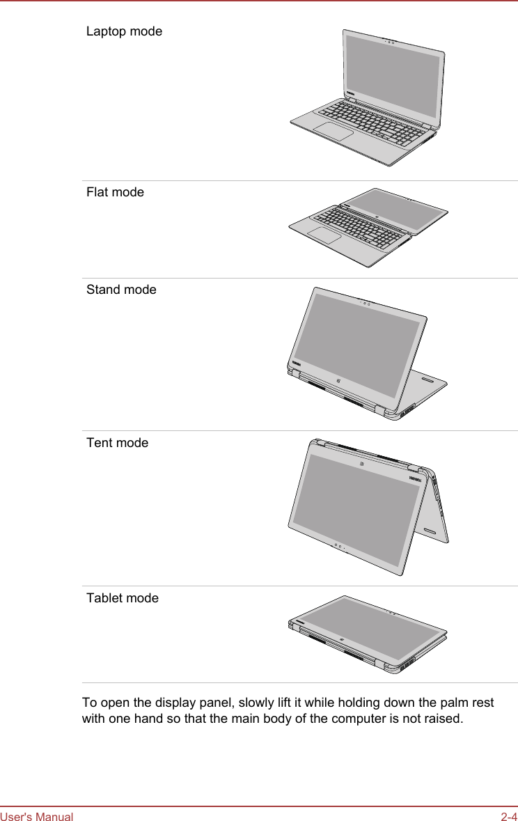 Laptop modeFlat modeStand modeTent modeTablet modeTo open the display panel, slowly lift it while holding down the palm restwith one hand so that the main body of the computer is not raised.User&apos;s Manual 2-4