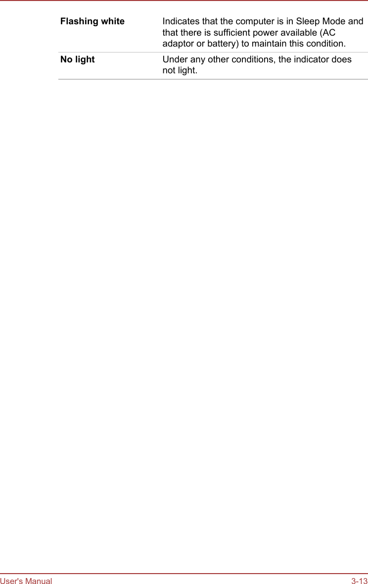 Flashing white Indicates that the computer is in Sleep Mode andthat there is sufficient power available (ACadaptor or battery) to maintain this condition.No light Under any other conditions, the indicator doesnot light.User&apos;s Manual 3-13