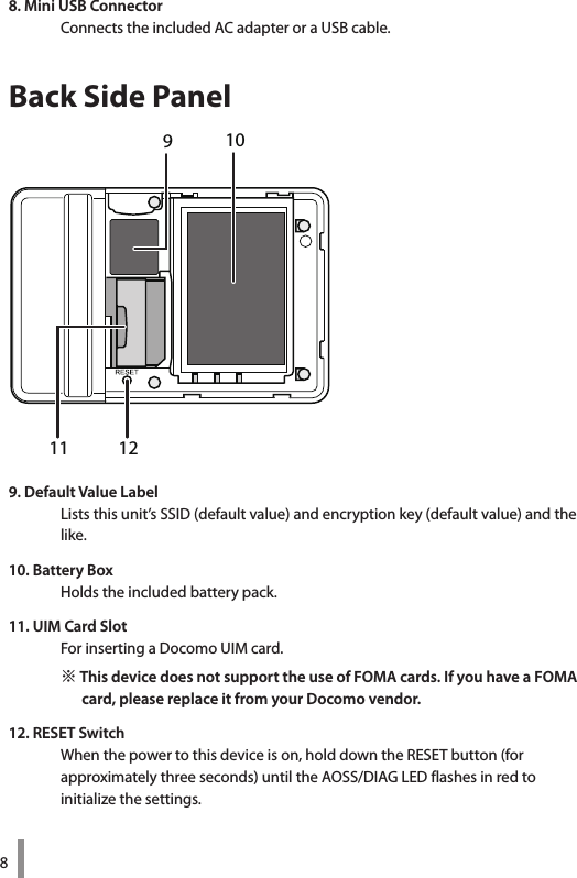 88. Mini USB ConnectorConnectstheincludedACadapteroraUSBcable.Back Side Panel9. Default Value LabelListsthisunit’sSSID(defaultvalue)andencryptionkey(defaultvalue)andthelike.10. Battery BoxHoldstheincludedbatterypack.11. UIM Card SlotForinsertingaDocomoUIMcard.※ This device does not support the use of FOMA cards. If you have a FOMA card, please replace it from your Docomo vendor. 12. RESET Switch Whenthepowertothisdeviceison,holddowntheRESETbutton(for approximatelythreeseconds)untiltheAOSS/DIAGLEDflashesinredto initializethesettings.91011 12