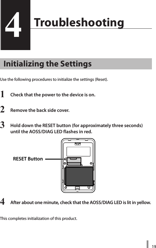 194  Troubleshooting4Initializing the SettingsUse the following procedures to initialize the settings (Reset). 1  Check that the power to the device is on.2  Remove the back side cover.3  Hold down the RESET button (for approximately three seconds)  until the AOSS/DIAG LED flashes in red.4  After about one minute, check that the AOSS/DIAG LED is lit in yellow.This completes initialization of this product. RESET Button