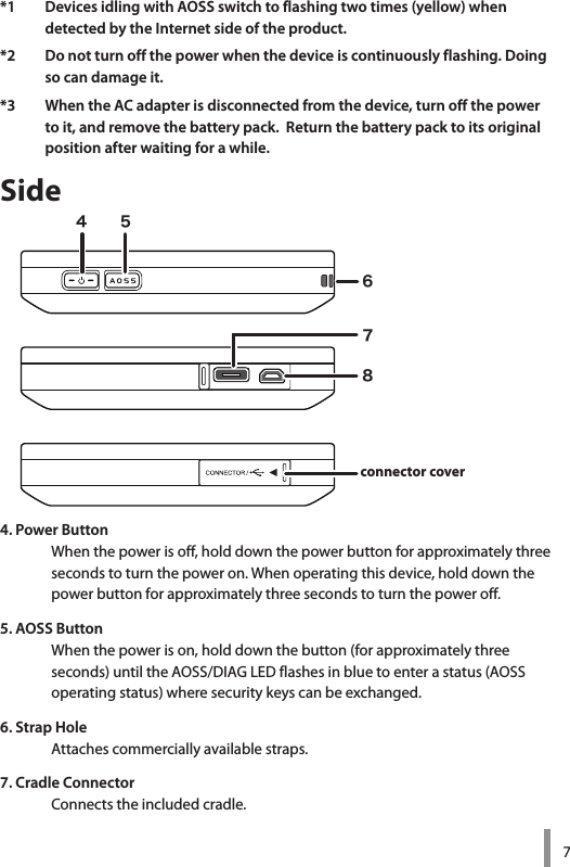 7*1   Devices idling with AOSS switch to flashing two times (yellow) when  detected by the Internet side of the product. *2   Do not turn off the power when the device is continuously flashing. Doing so can damage it. *3   When the AC adapter is disconnected from the device, turn off the power to it, and remove the battery pack.  Return the battery pack to its original  position after waiting for a while. Side4. Power ButtonWhen the power is off, hold down the power button for approximately three  seconds to turn the power on. When operating this device, hold down the power button for approximately three seconds to turn the power off.5. AOSS ButtonWhen the power is on, hold down the button (for approximately three  seconds) until the AOSS/DIAG LED flashes in blue to enter a status (AOSS  operating status) where security keys can be exchanged. 6. Strap HoleAttaches commercially available straps. 7. Cradle ConnectorConnects the included cradle.４　　５connector cover６７８