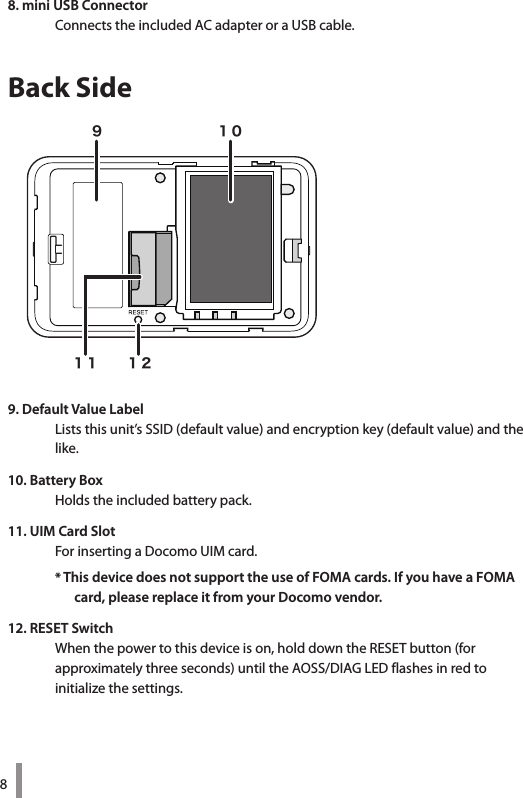 88. mini USB ConnectorConnects the included AC adapter or a USB cable.Back Side9. Default Value LabelLists this unit’s SSID (default value) and encryption key (default value) and the like.10. Battery BoxHolds the included battery pack.11. UIM Card SlotFor inserting a Docomo UIM card.* This device does not support the use of FOMA cards. If you have a FOMA card, please replace it from your Docomo vendor. 12. RESET Switch When the power to this device is on, hold down the RESET button (for  approximately three seconds) until the AOSS/DIAG LED flashes in red to  initialize the settings. ９　　　　　　　　 １０１１　　１２