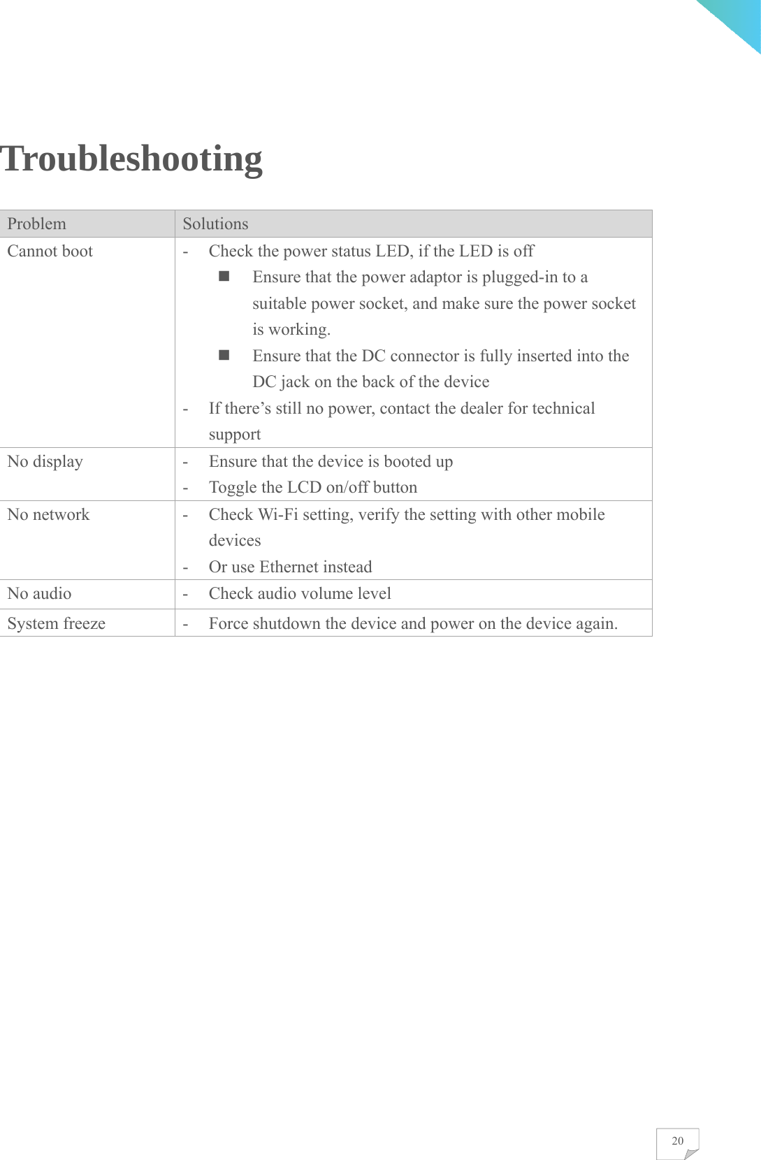    20Troubleshooting Problem  Solutions Cannot boot  - Check the power status LED, if the LED is off  Ensure that the power adaptor is plugged-in to a suitable power socket, and make sure the power socket is working.  Ensure that the DC connector is fully inserted into the DC jack on the back of the device - If there’s still no power, contact the dealer for technical support No display  - Ensure that the device is booted up - Toggle the LCD on/off button No network  - Check Wi-Fi setting, verify the setting with other mobile devices - Or use Ethernet instead No audio  - Check audio volume level System freeze  - Force shutdown the device and power on the device again.  