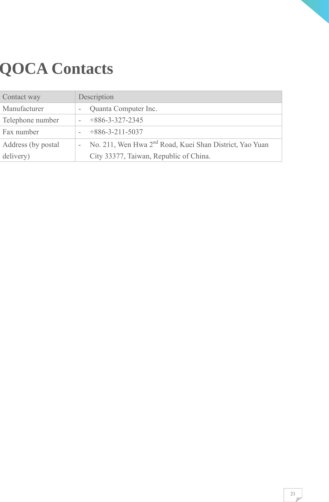    21QOCA Contacts Contact way  Description Manufacturer - Quanta Computer Inc. Telephone number  - +886-3-327-2345 Fax number  - +886-3-211-5037 Address (by postal delivery) - No. 211, Wen Hwa 2nd Road, Kuei Shan District, Yao Yuan City 33377, Taiwan, Republic of China.                             