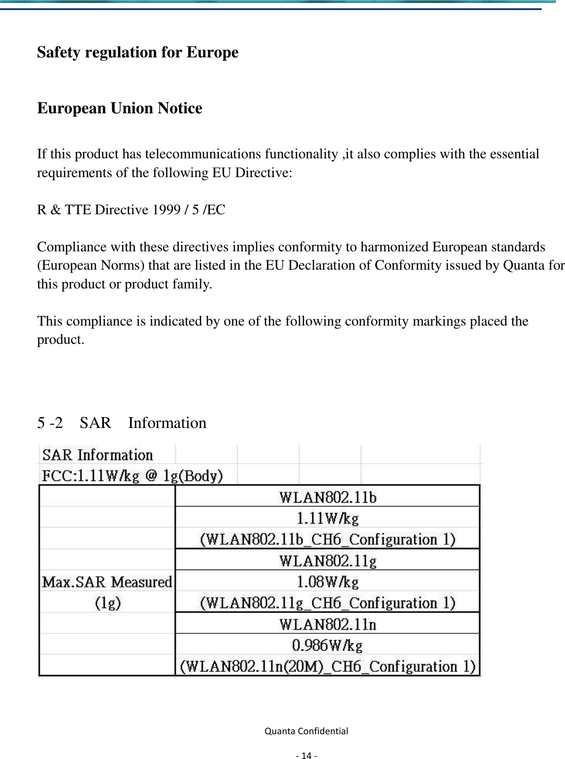  Quanta Confidential  - 14 -   Safety regulation for Europe  European Union Notice  If this product has telecommunications functionality ,it also complies with the essential requirements of the following EU Directive:  R &amp; TTE Directive 1999 / 5 /EC  Compliance with these directives implies conformity to harmonized European standards   (European Norms) that are listed in the EU Declaration of Conformity issued by Quanta for this product or product family.  This compliance is indicated by one of the following conformity markings placed the product.    5 -2    SAR    Information    