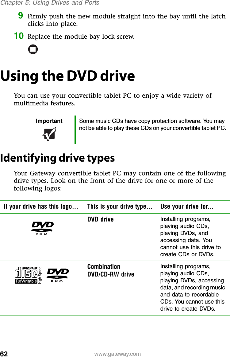 62 www.gateway.comChapter 5: Using Drives and Ports9Firmly push the new module straight into the bay until the latch clicks into place.10 Replace the module bay lock screw.Using the DVD driveYou can use your convertible tablet PC to enjoy a wide variety of multimedia features.Identifying drive typesYour Gateway convertible tablet PC may contain one of the following drive types. Look on the front of the drive for one or more of the following logos:Important Some music CDs have copy protection software. You may not be able to play these CDs on your convertible tablet PC.If your drive has this logo... This is your drive type... Use your drive for...DVD drive Installing programs, playing audio CDs, playing DVDs, and accessing data. You cannot use this drive to create CDs or DVDs.Combination DVD/CD-RW driveInstalling programs, playing audio CDs, playing DVDs, accessing data, and recording music and data to recordable CDs. You cannot use this drive to create DVDs.
