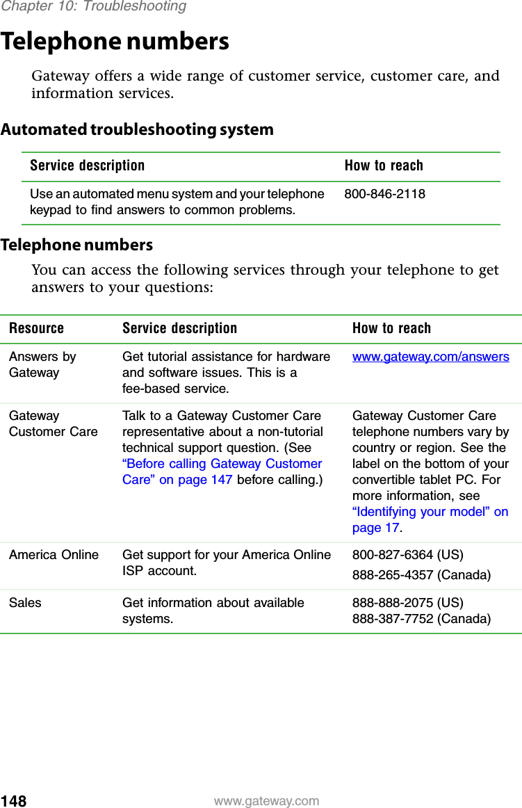 148 www.gateway.comChapter 10: TroubleshootingTelephone numbersGateway offers a wide range of customer service, customer care, and information services.Automated troubleshooting systemTelephone numbersYou can access the following services through your telephone to get answers to your questions:Service description How to reachUse an automated menu system and your telephone keypad to find answers to common problems.800-846-2118Resource Service description How to reachAnswers by GatewayGet tutorial assistance for hardware and software issues. This is a fee-based service.www.gateway.com/answersGateway Customer CareTalk to a Gateway Customer Care representative about a non-tutorial technical support question. (See “Before calling Gateway Customer Care” on page 147 before calling.)Gateway Customer Care telephone numbers vary by country or region. See the label on the bottom of your convertible tablet PC. For more information, see “Identifying your model” on page 17.America Online Get support for your America Online ISP account.800-827-6364 (US)888-265-4357 (Canada)Sales Get information about available systems.888-888-2075 (US)888-387-7752 (Canada)